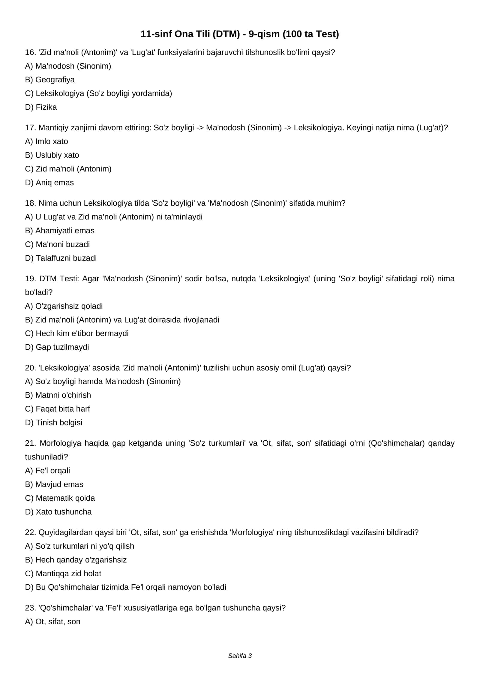 11-sinf Ona Tili (DTM) - 9-qism (100 ta Test) 3