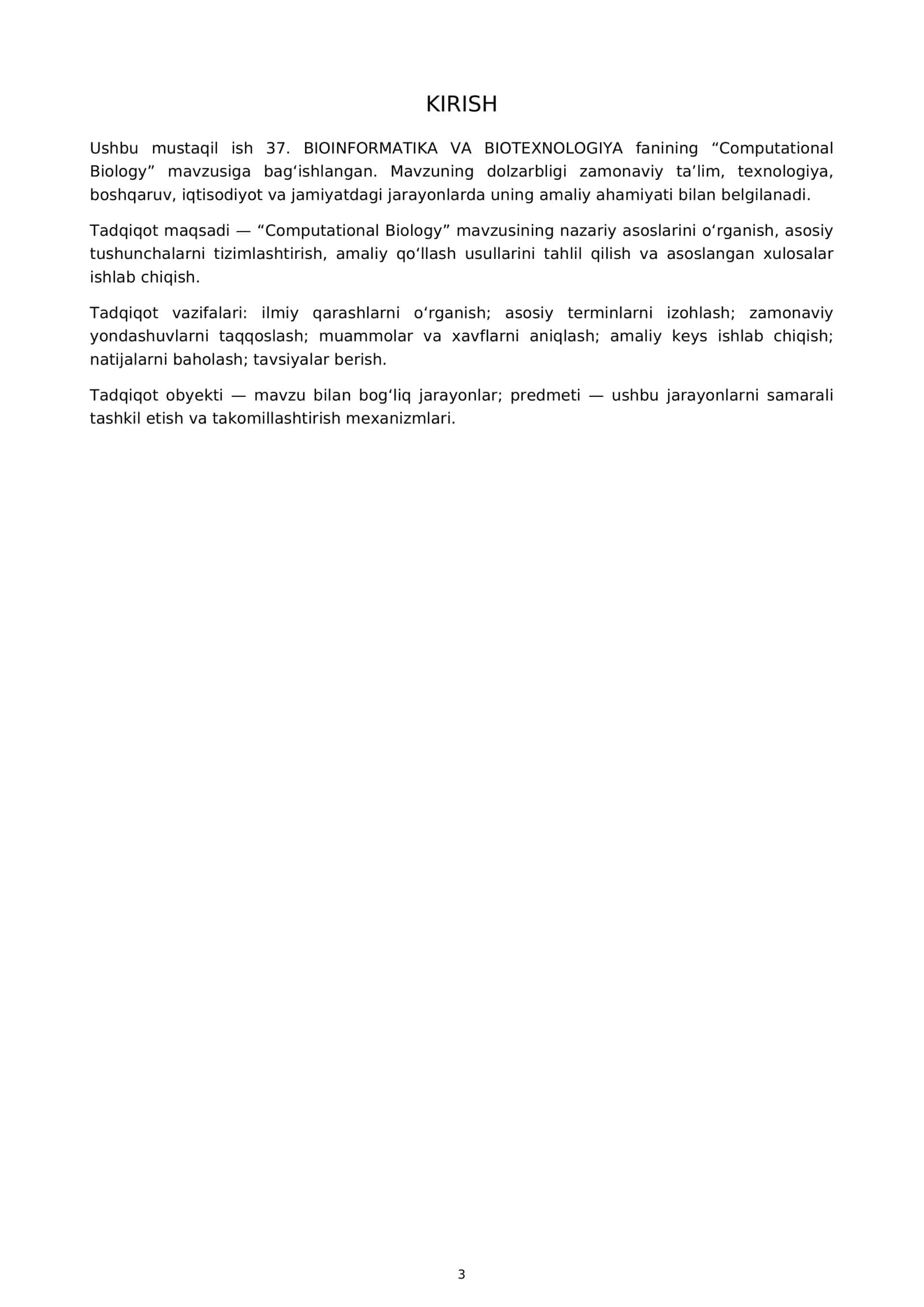 37. BIOINFORMATIKA VA BIOTEXNOLOGIYA: Computational Biology 3