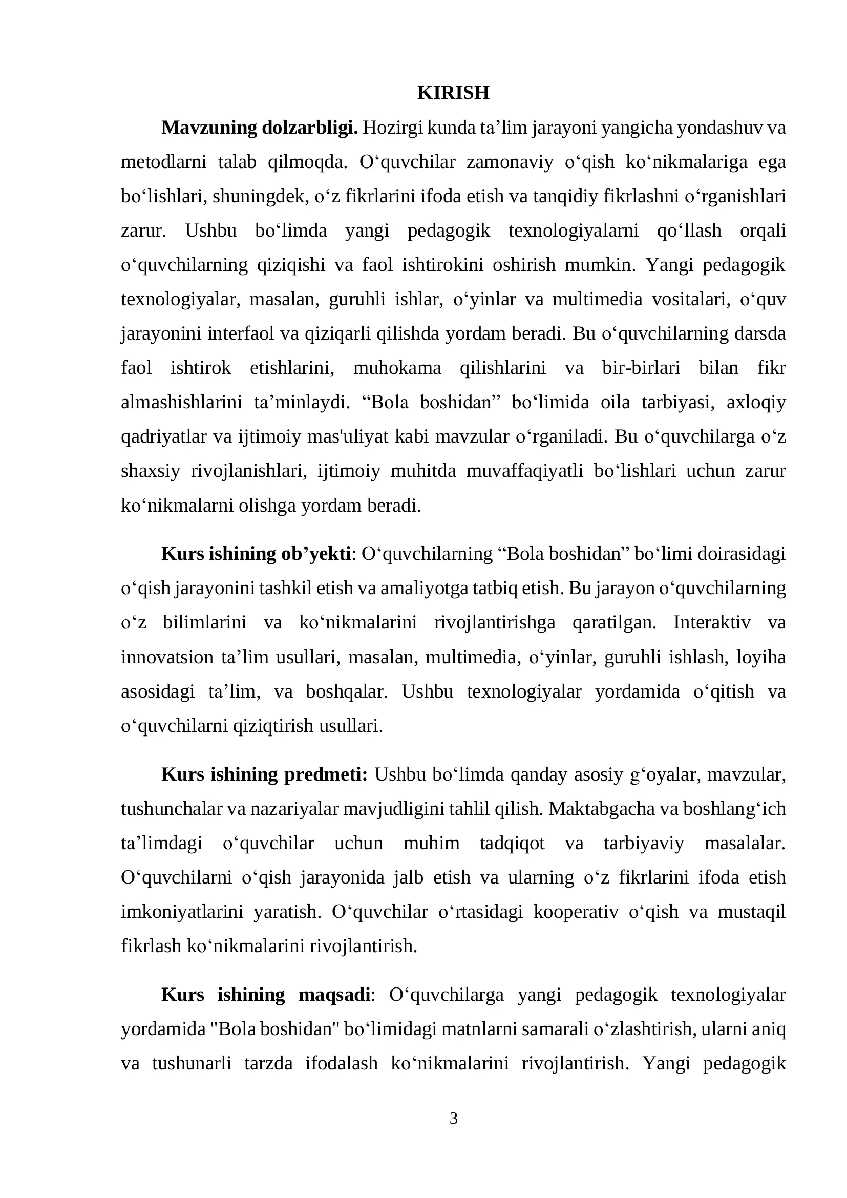 3-sinf o‘qish savodxonligi darsligidagi "Bola boshidan" bo‘limini yangi pedagogik texnologiyalar vositasida o‘rganish 3