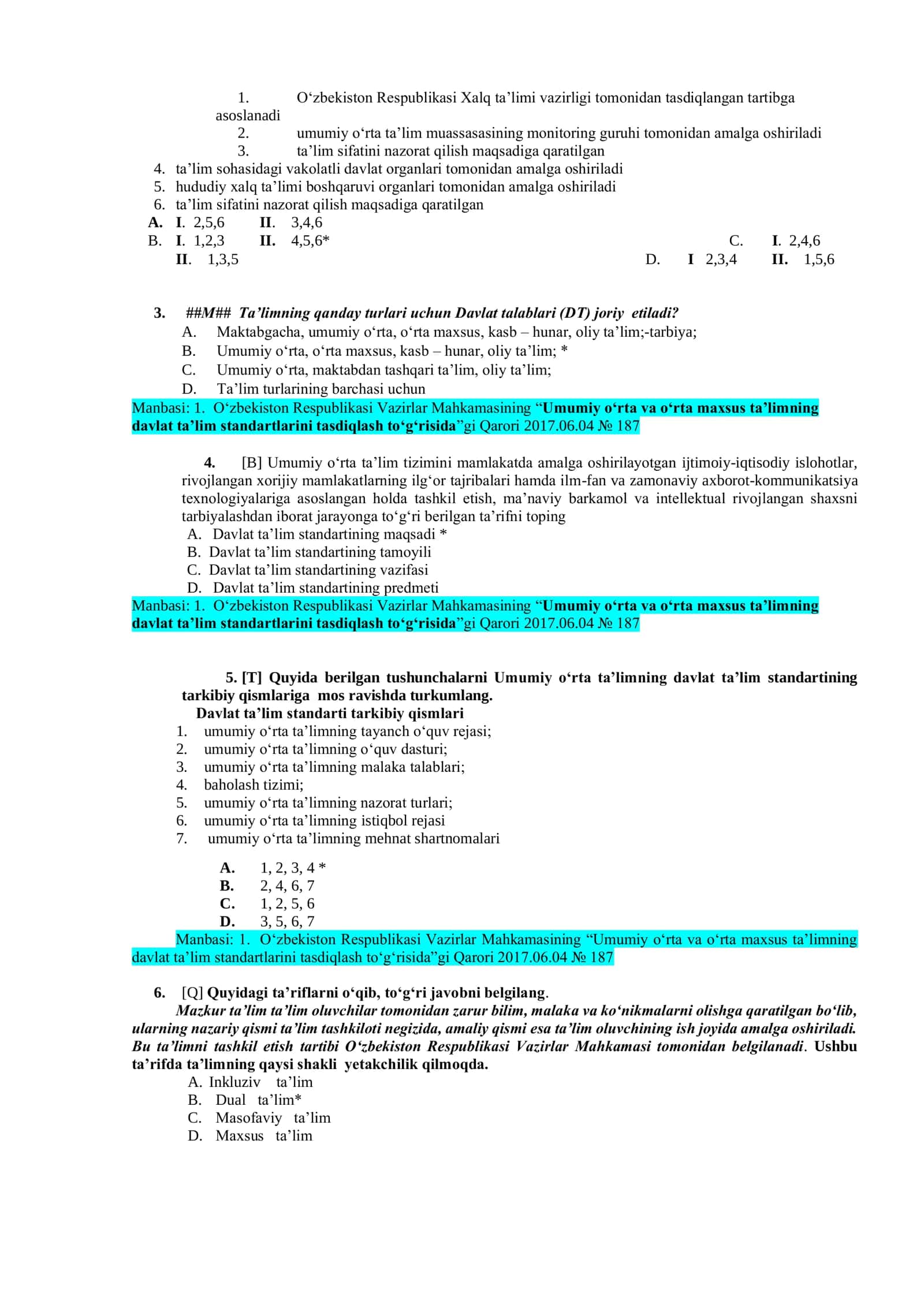 MAKTAB DIREKTORLARI UCHUN MENEJERLIK SERTIFIKATI  TESTLAR TO'PLAMI javoblari bilan 3
