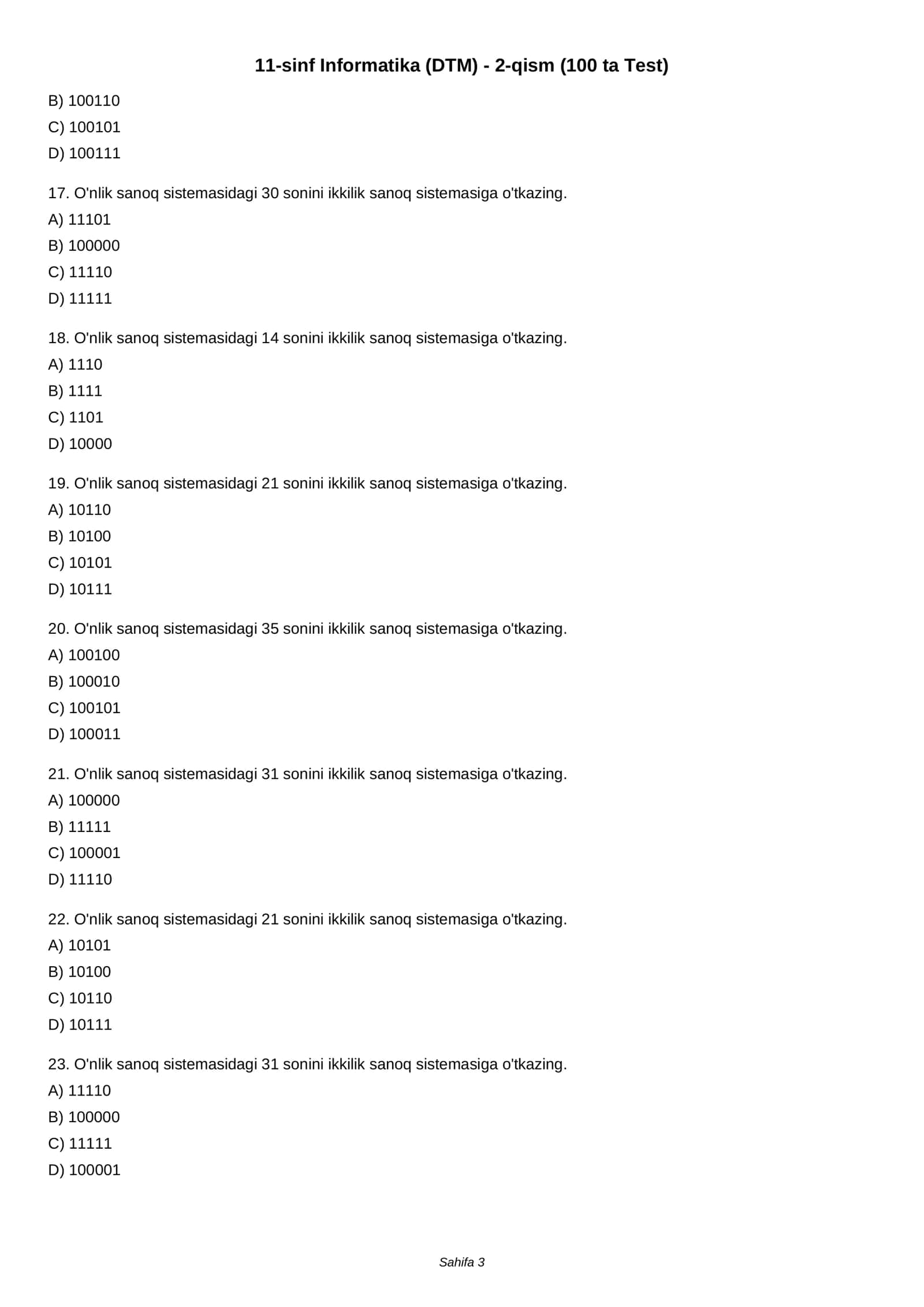 11-sinf Informatika (DTM) - 2-qism (100 ta Test) 3