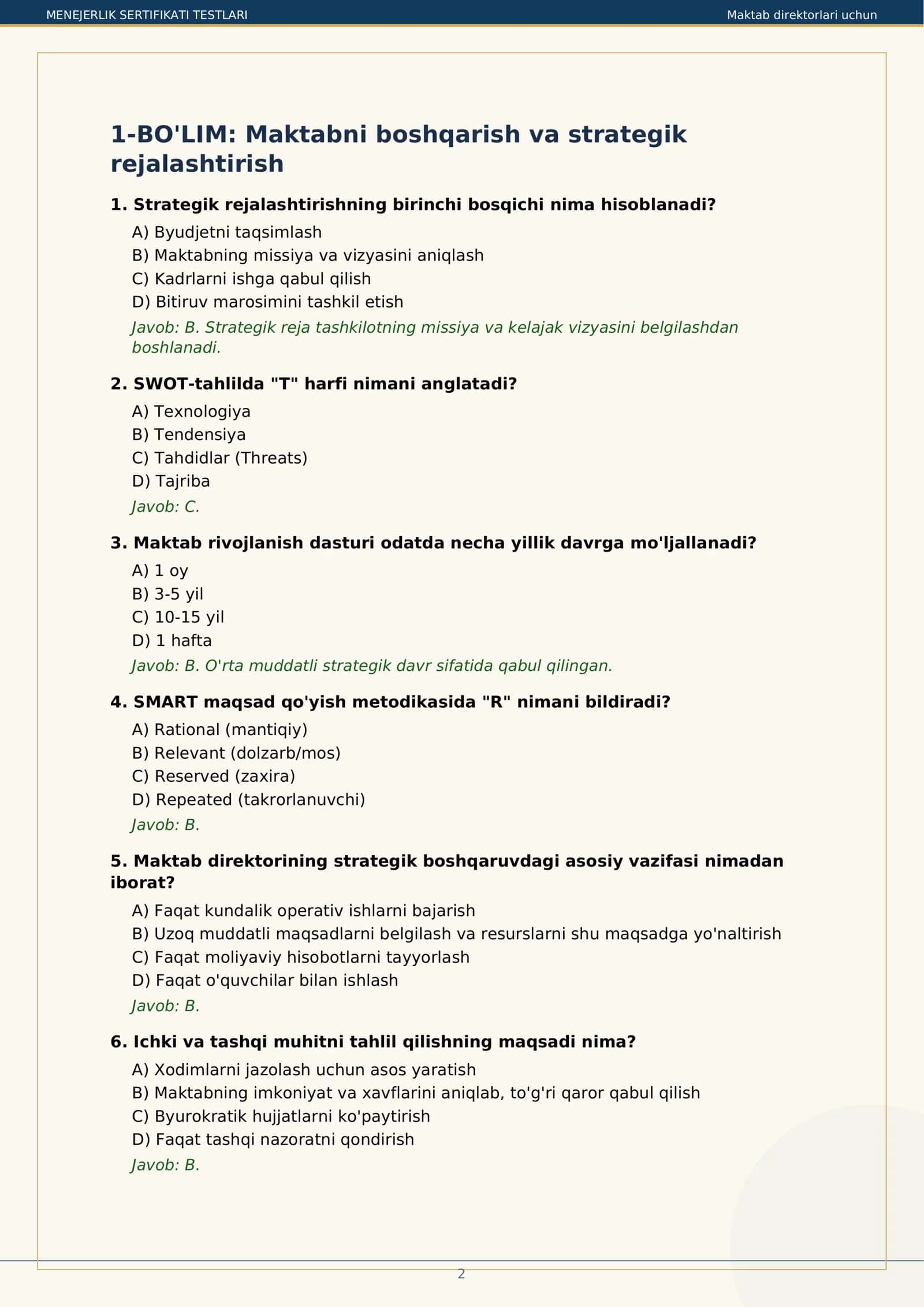 MAKTAB DIREKTORLARI UCHUN MENEJERLIK SERTIFIKATI TESTLARI 3