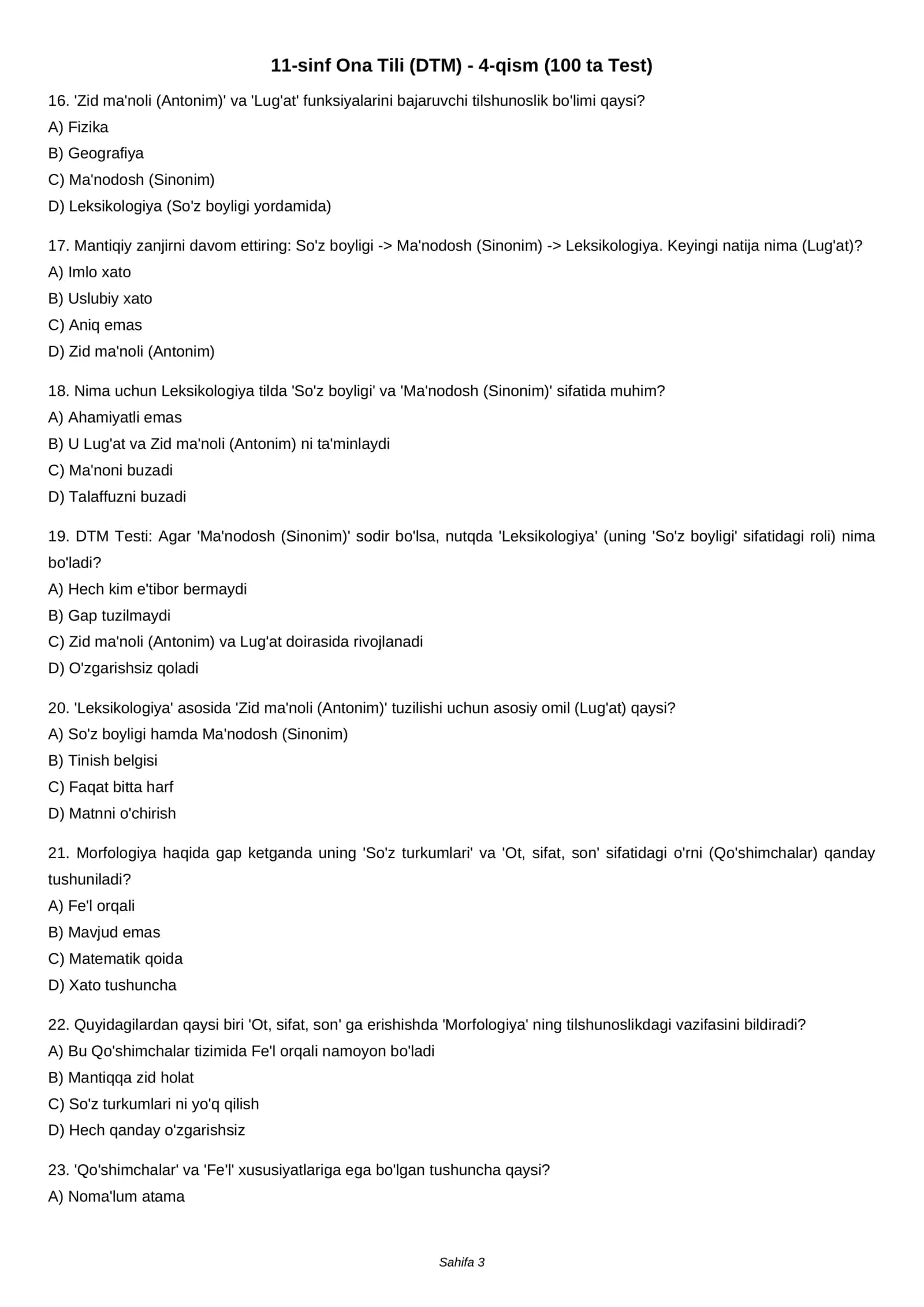 11-sinf Ona Tili (DTM) - 4-qism (100 ta Test) 3