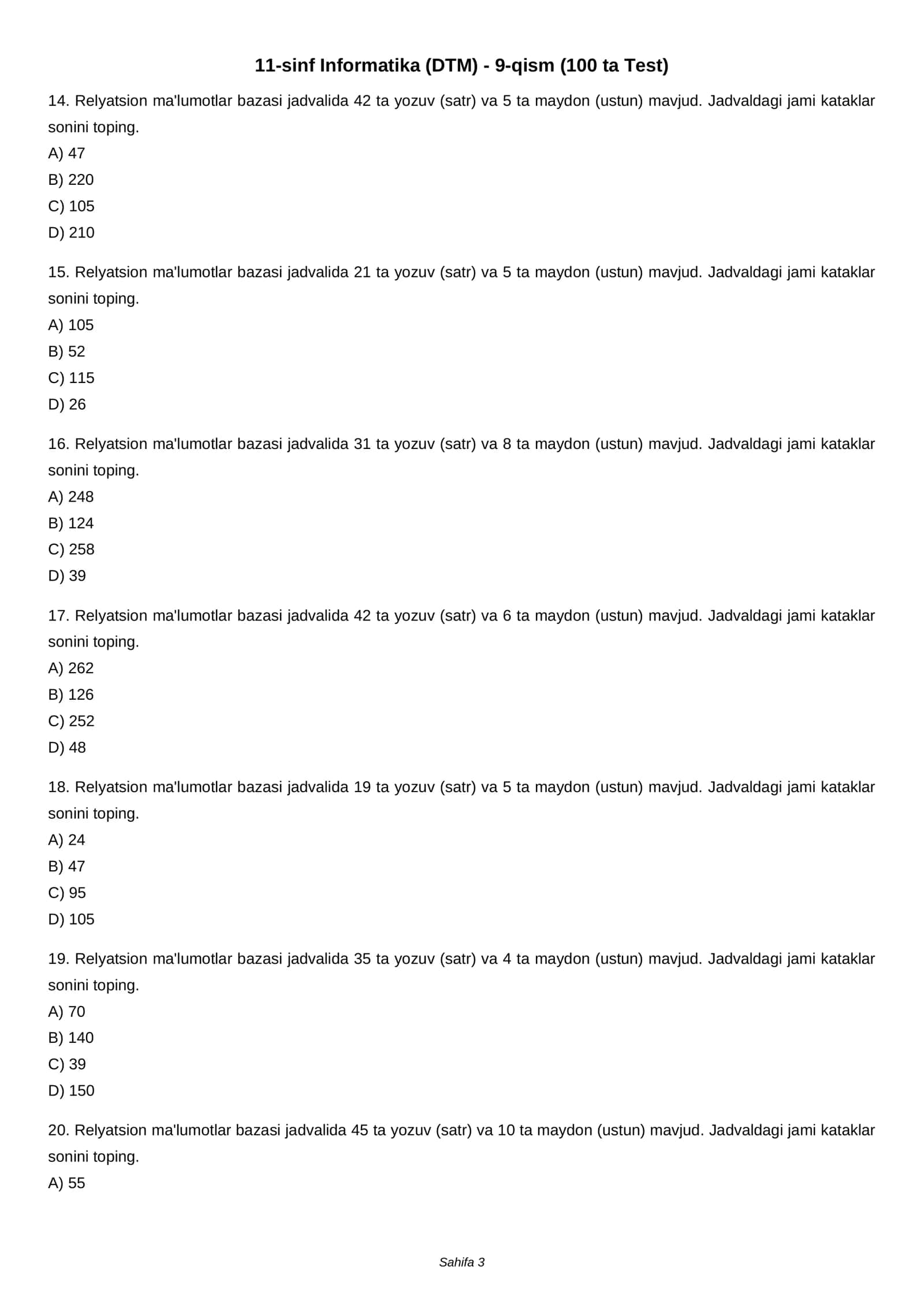 11-sinf Informatika (DTM) - 9-qism (100 ta Test) 3