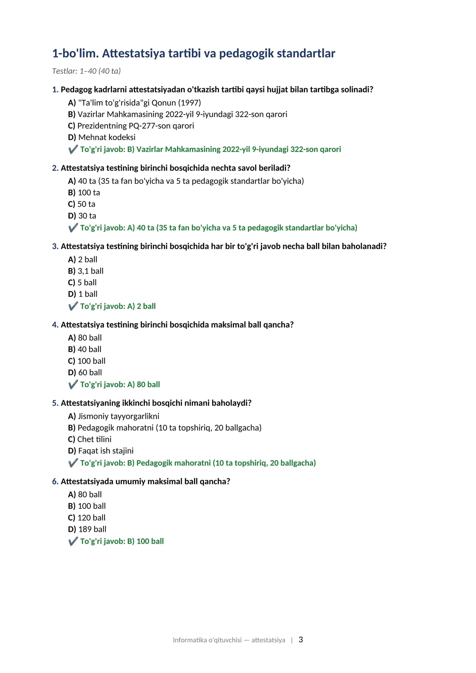 INFORMATIKA O'QITUVCHISI attestatsiyasi uchun test savollari to'plami (2025–2026) 503 ta test 3