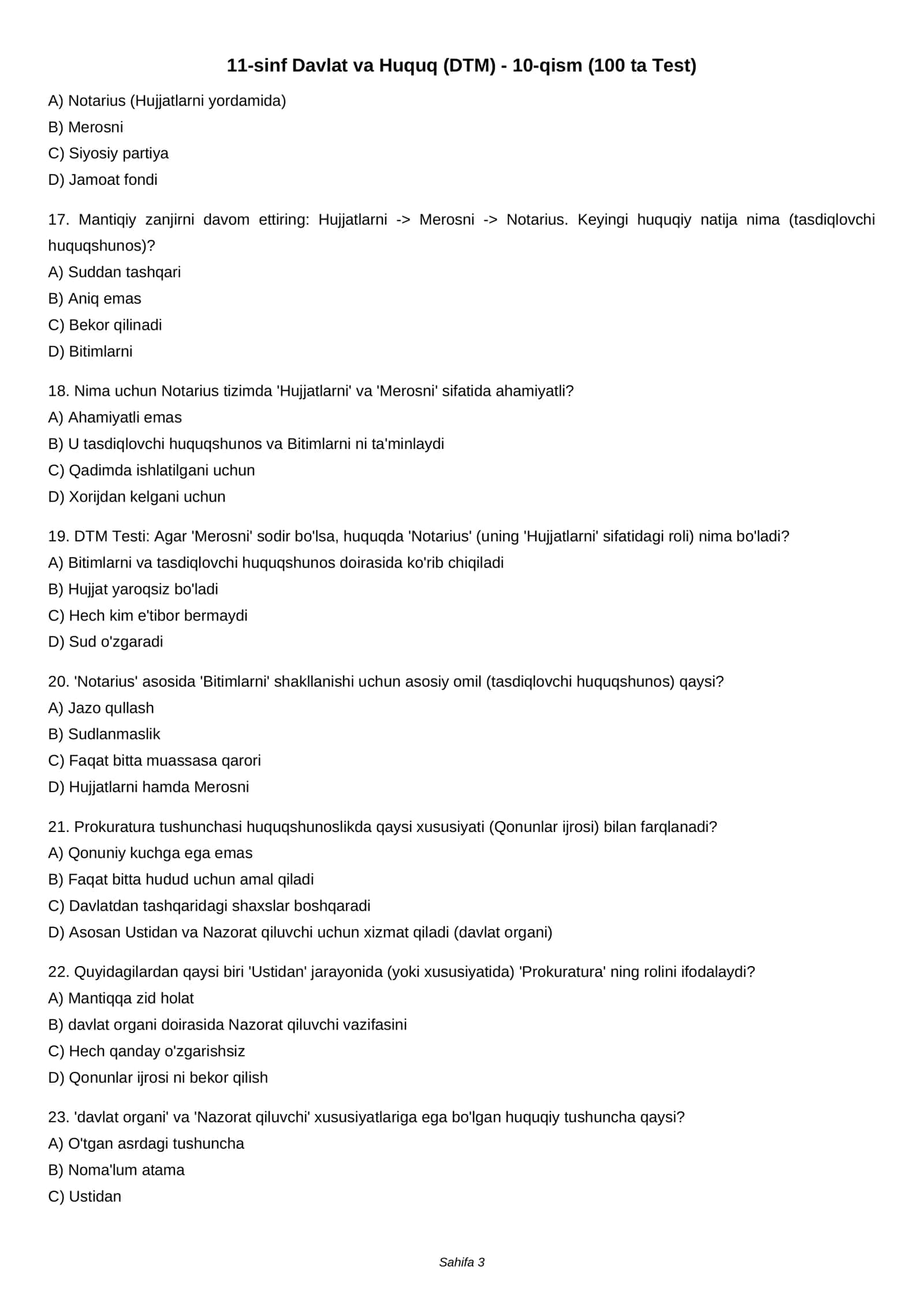 11-sinf Davlat va Huquq (DTM) - 10-qism (100 ta Test) 3