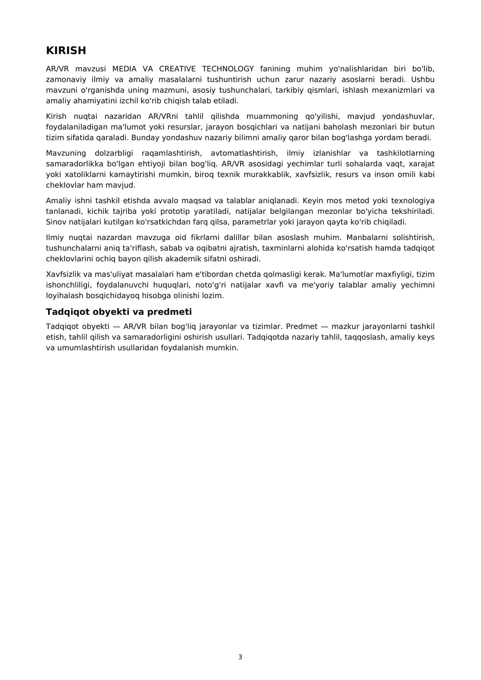 OLIY TA'LIM FANLARI MEDIA VA CREATIVE TECHNOLOGY MUSTAQIL ISH / KURS ISHI 3