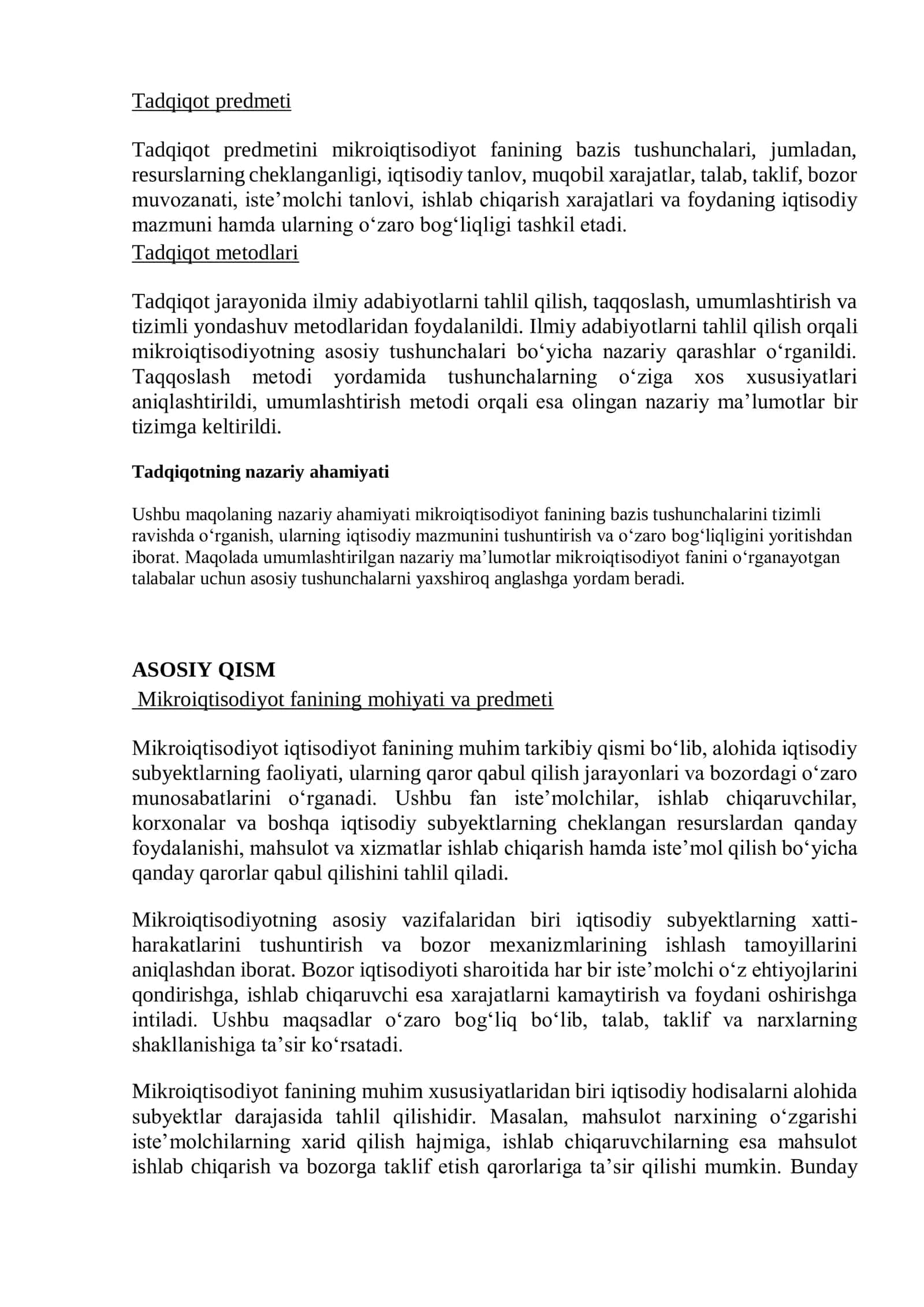 “Mikroiqtisodiyotning bazis tushunchalari — ilmiy maqola” 3