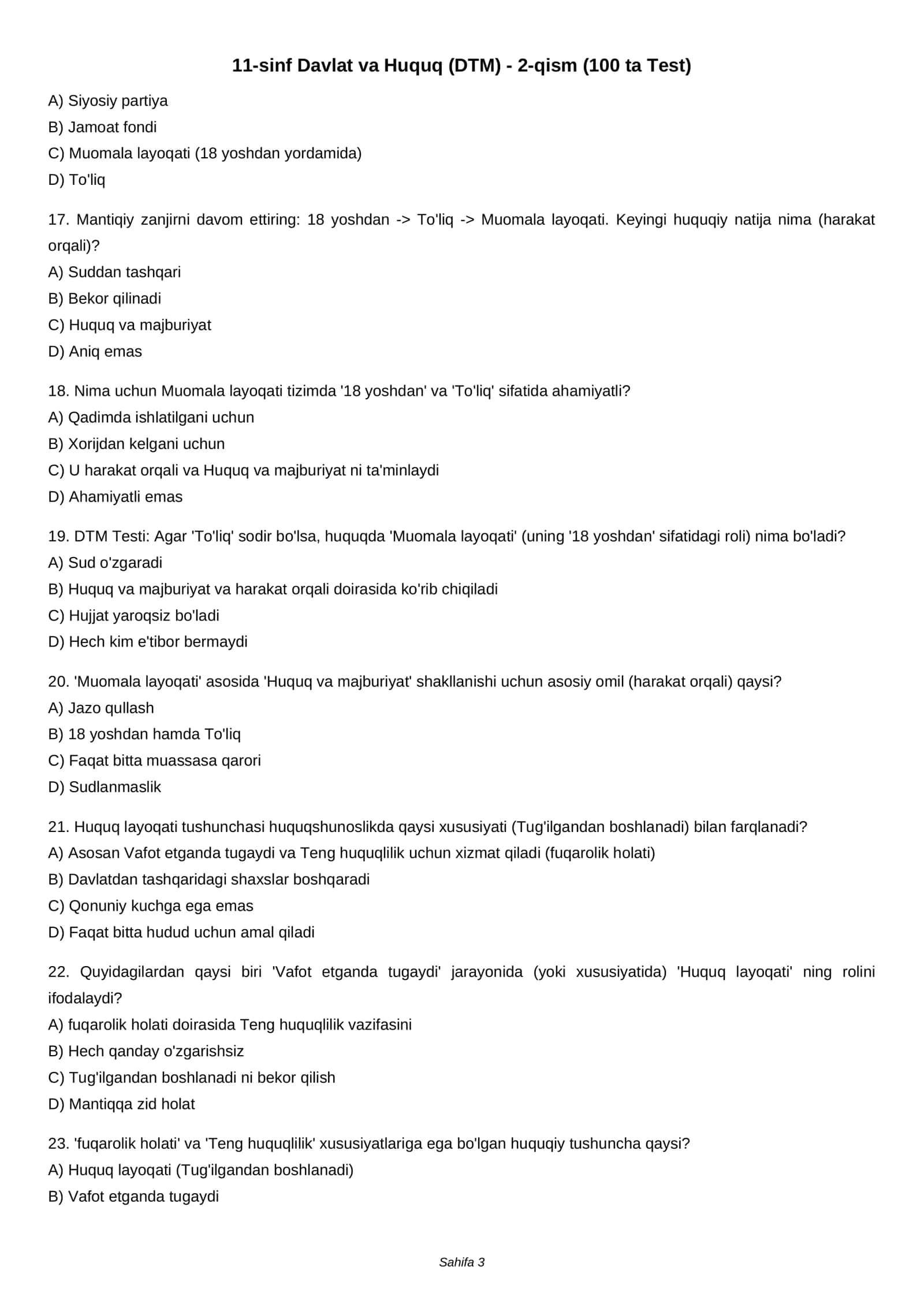 11-sinf Davlat va Huquq (DTM) - 2-qism (100 ta Test) 3