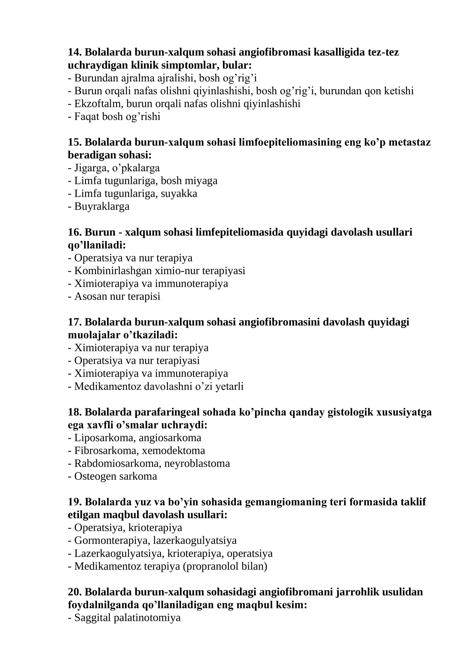 Bolalar onkoxirurgiyasi mutaxassisligi bo’yicha shakllantirilgan test savollari ro’yxati 2026 3