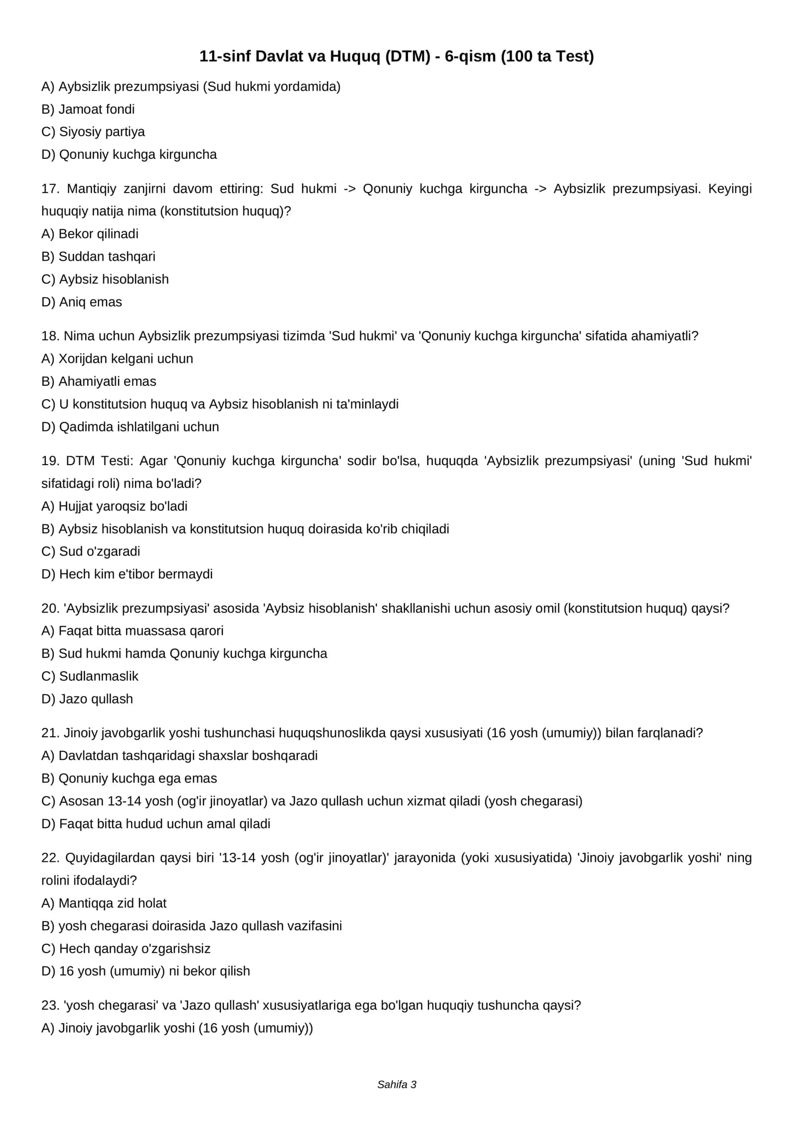 11-sinf Davlat va Huquq (DTM) - 6-qism (100 ta Test) 3
