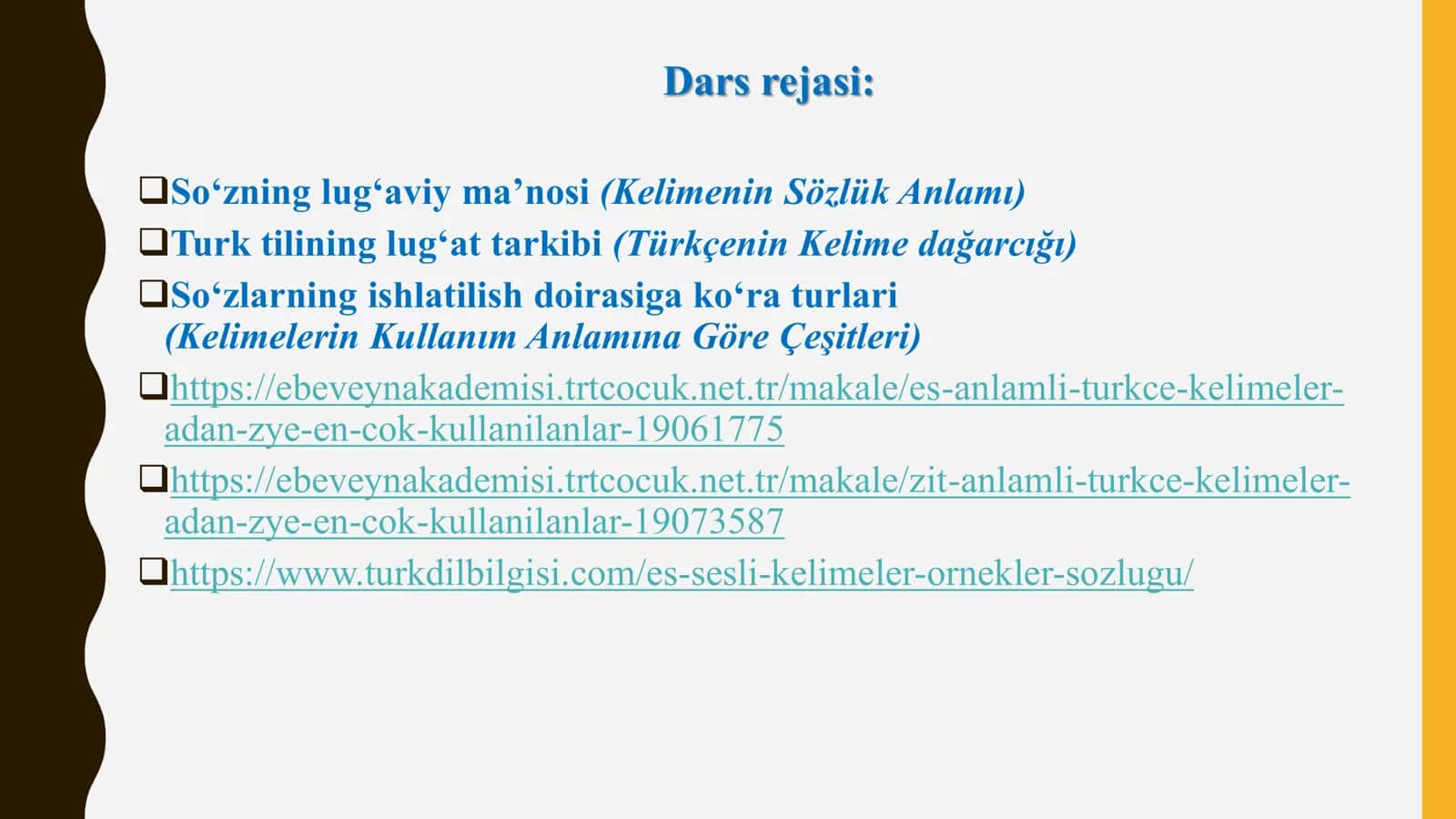 Turk tilining lug‘at tarkibi va lug‘aviy guruhlari va qatlamlari.Turk tilida frazeologik birliklar. Turk tilidaso‘zyasalishi 3