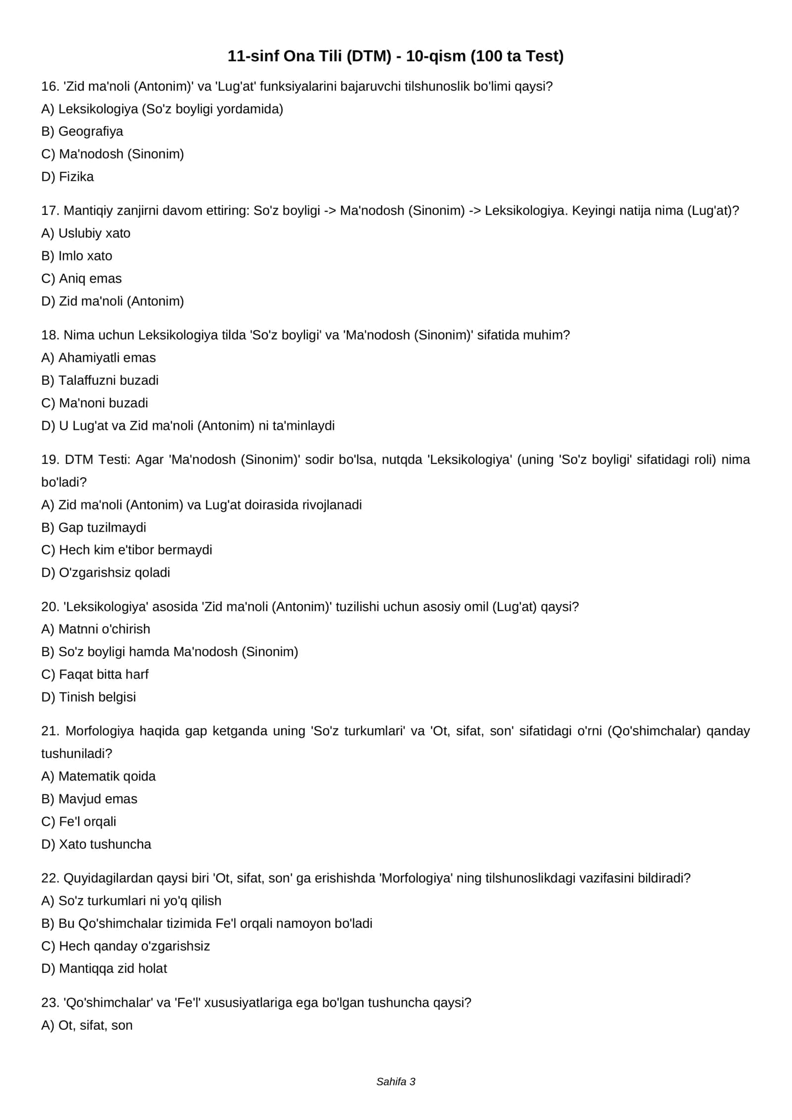 11-sinf Ona Tili (DTM) - 10-qism (100 ta Test) 3