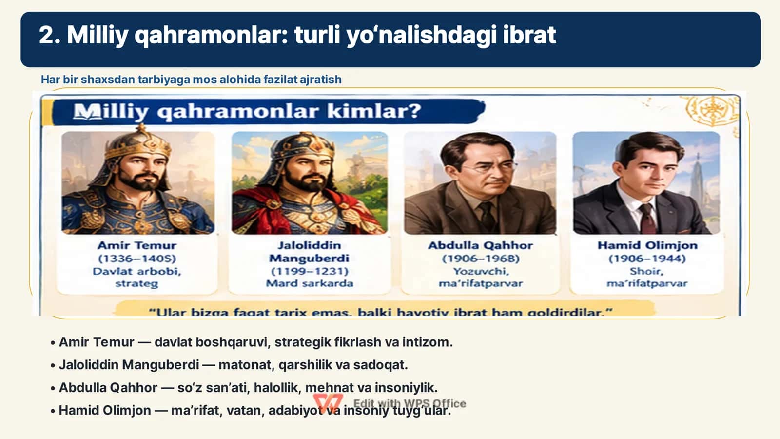 MILLIY QAHRAMONLARNING JASORAT NAMUNALARIDAN ZAMONAVIY YOSHLAR TARBIYASIDA QANDAY FOYDALANISH MUMKIN? 3