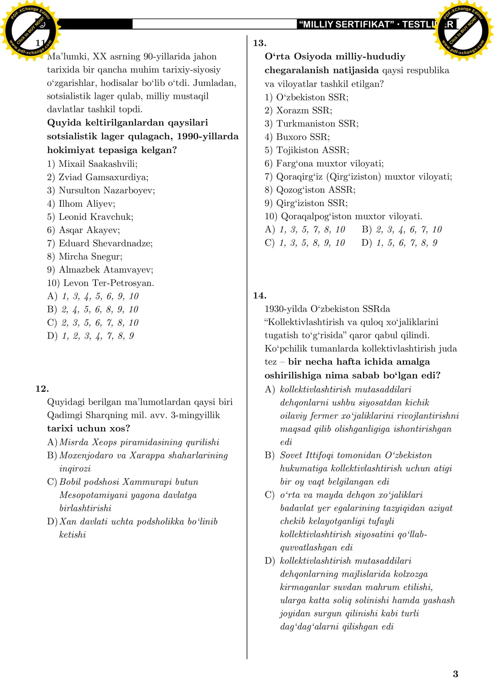 TARIX (“MILLIY SERTIFIKAT” DIAGNOSTIK TESTI) 3