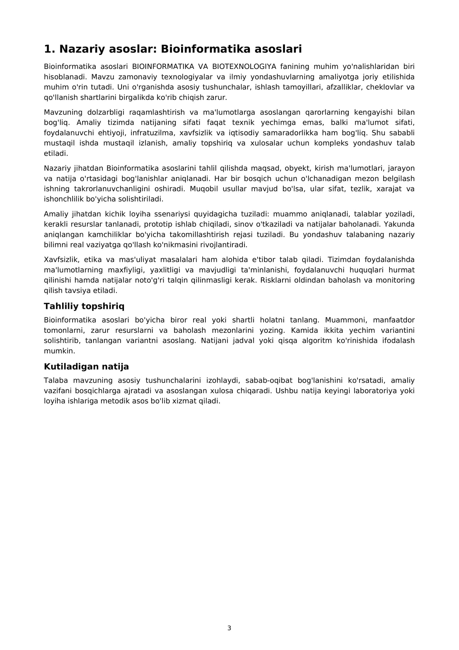 OLIY TA'LIM FANLARI BIOINFORMATIKA VA BIOTEXNOLOGIYA MUSTAQIL ISH 3