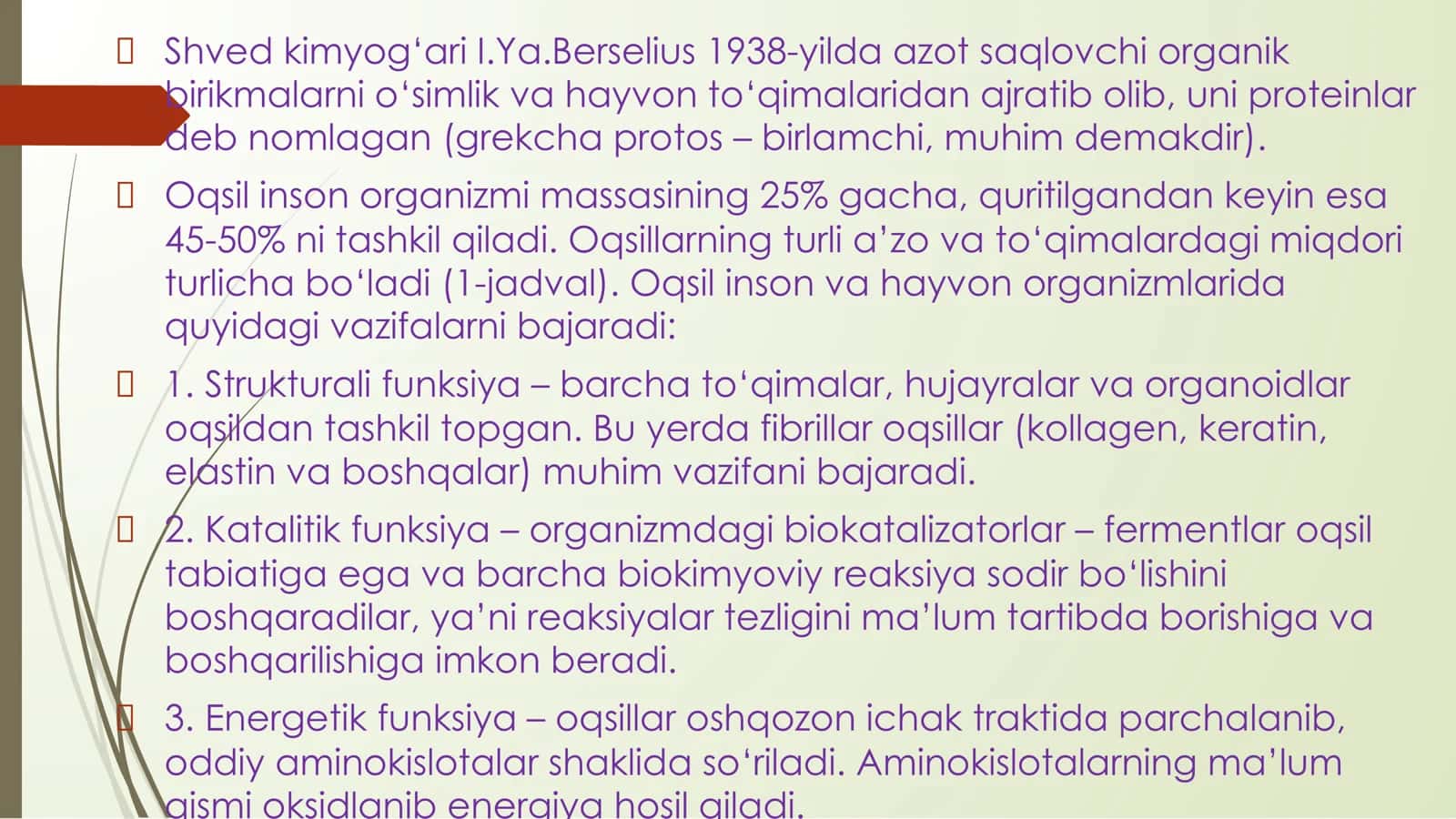Oqsillarning tuzulishi, Funksiyasi Nuklein kislotalar.Oqsil biosintezi 3