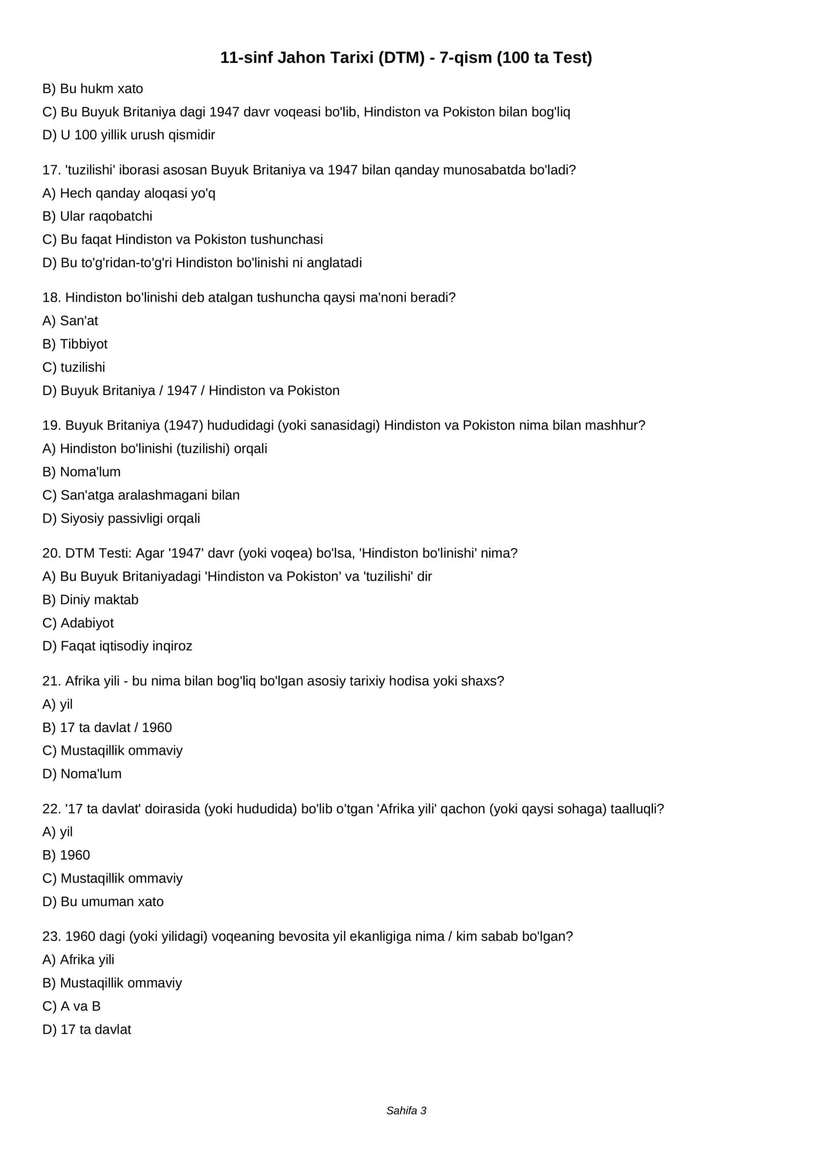 11-sinf Jahon Tarixi (DTM) - 7-qism (100 ta Test) 3