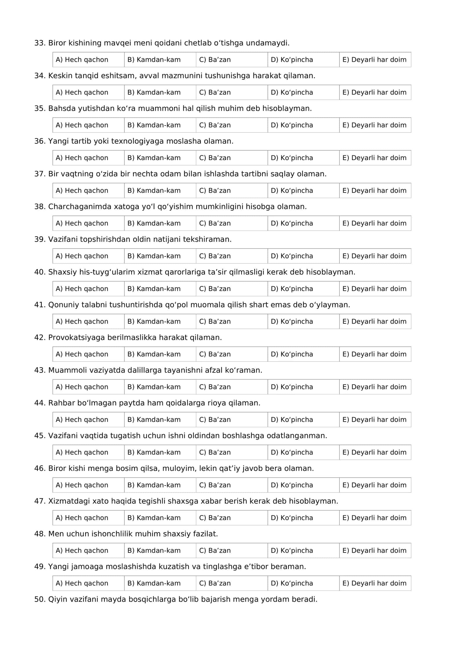 Bojhona xizmatiga nomzodlar uchun 100 ta psixologik o'z-o'zini baholash testi 3