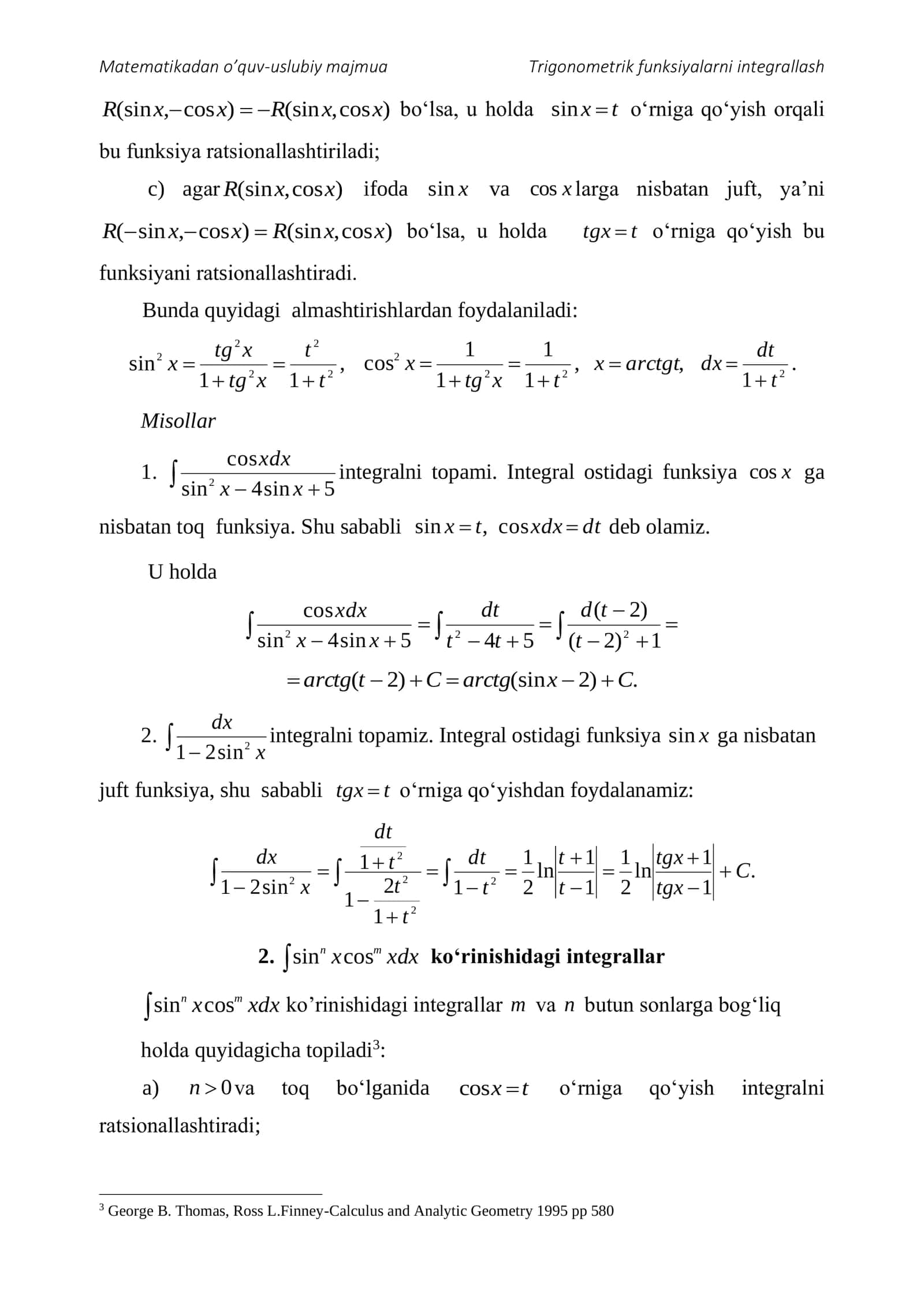 Trigonometrik funksiyalarni integrallash 3