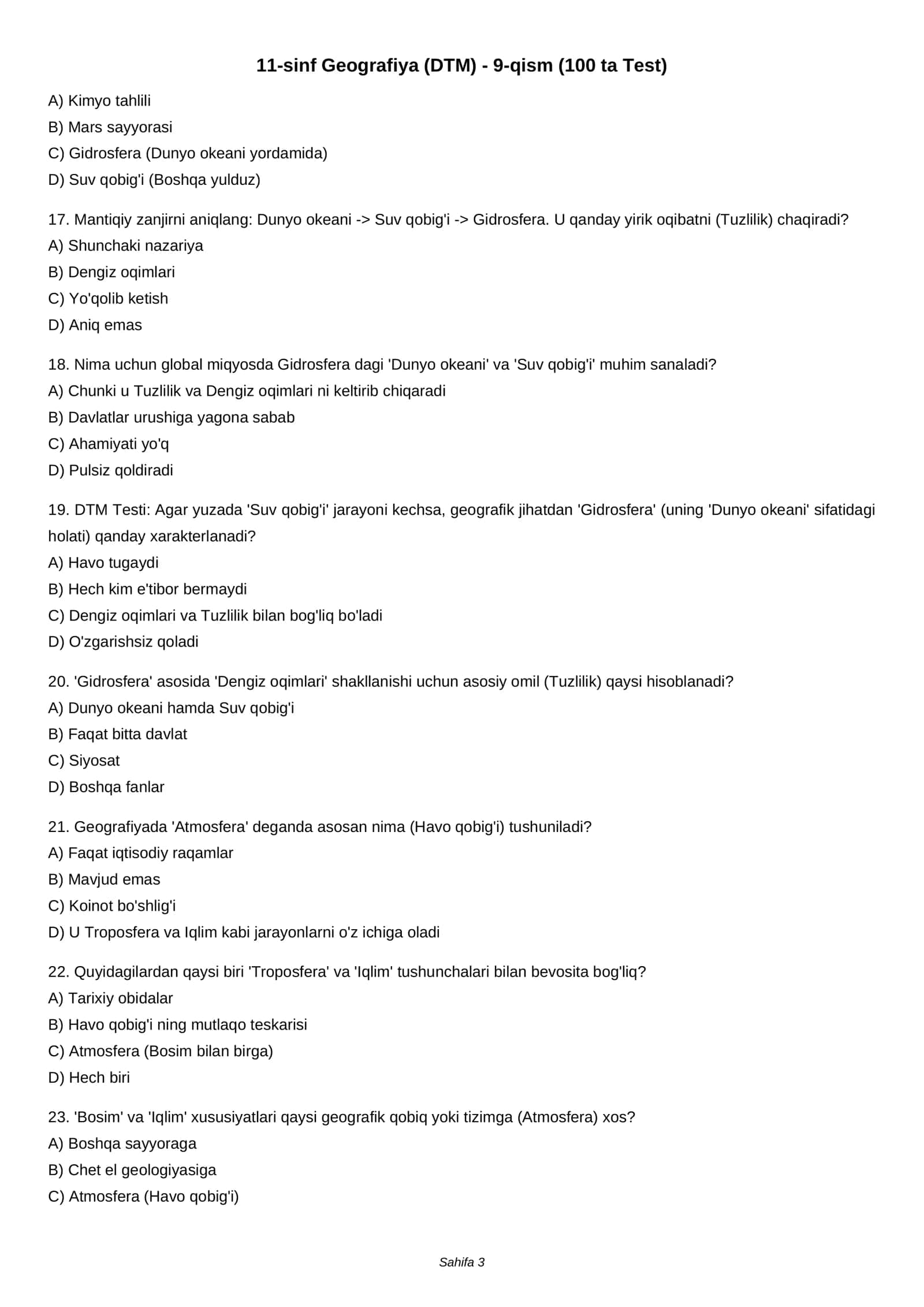 11-sinf Geografiya (DTM) - 9-qism (100 ta Test) 3
