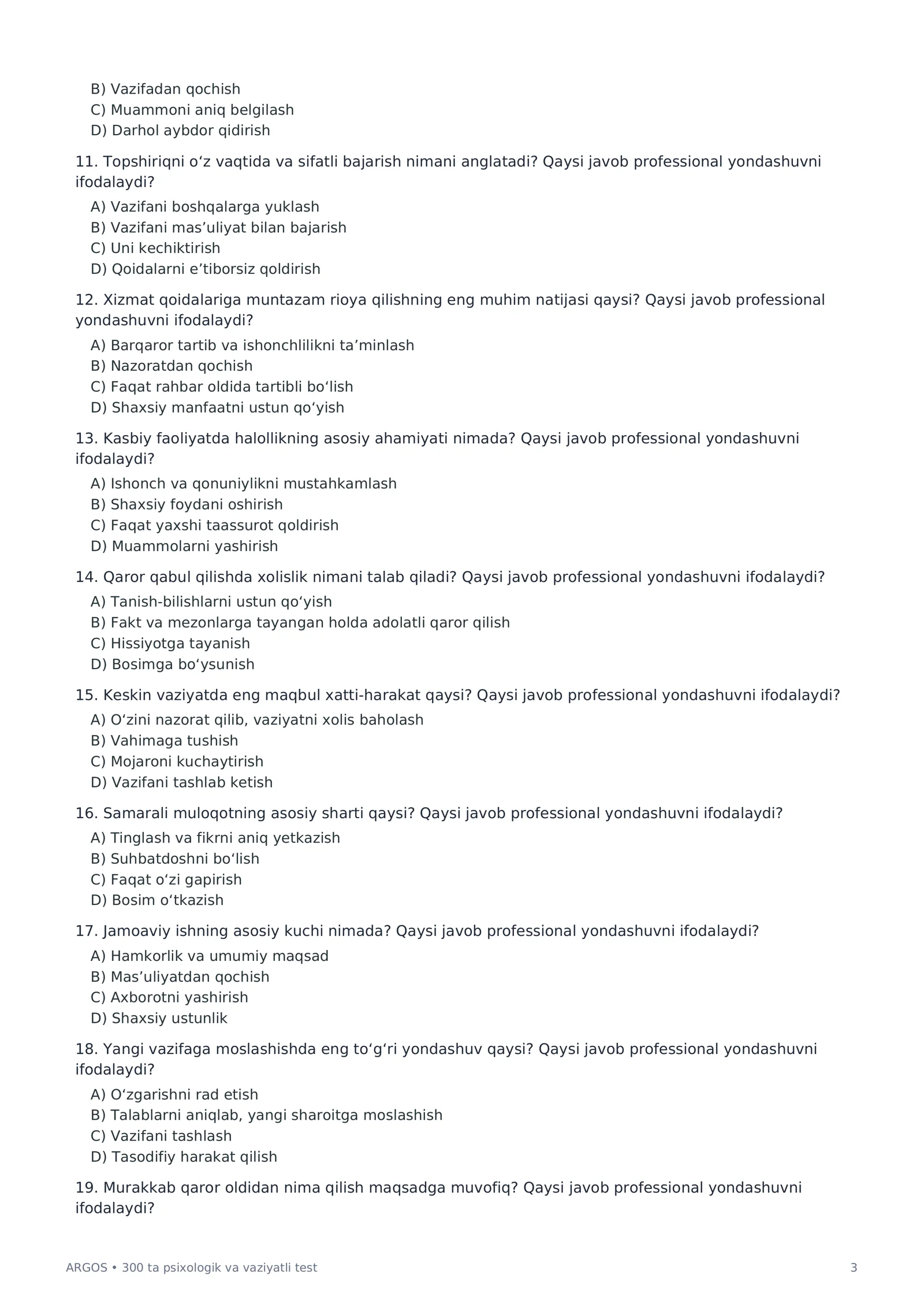 ARGOS 300 ta Psixologik Test | Davlat Xizmati uchun Testlar | Javoblar Kaliti bilan PDF 3