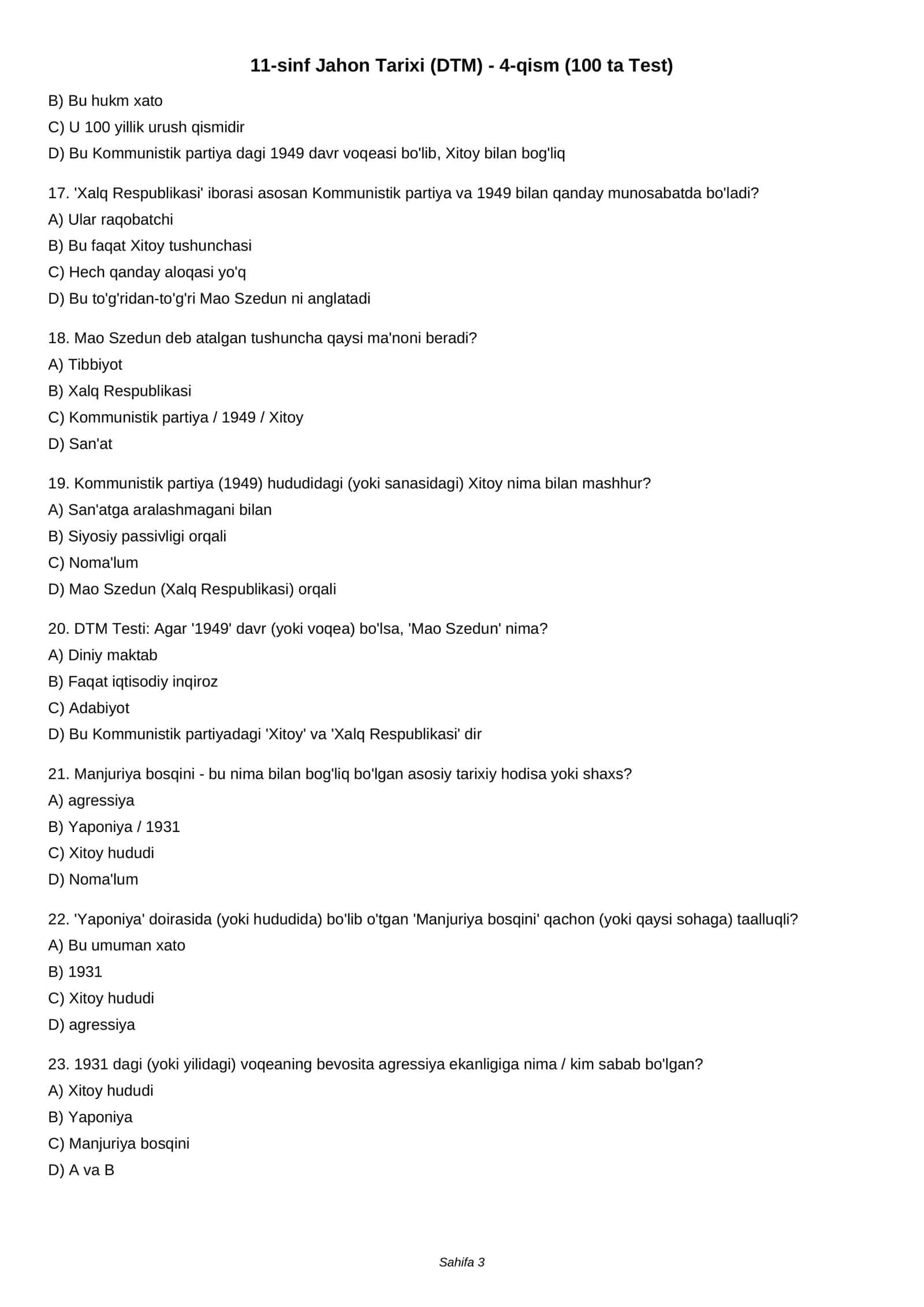 11-sinf Jahon Tarixi (DTM) - 4-qism (100 ta Test) 3