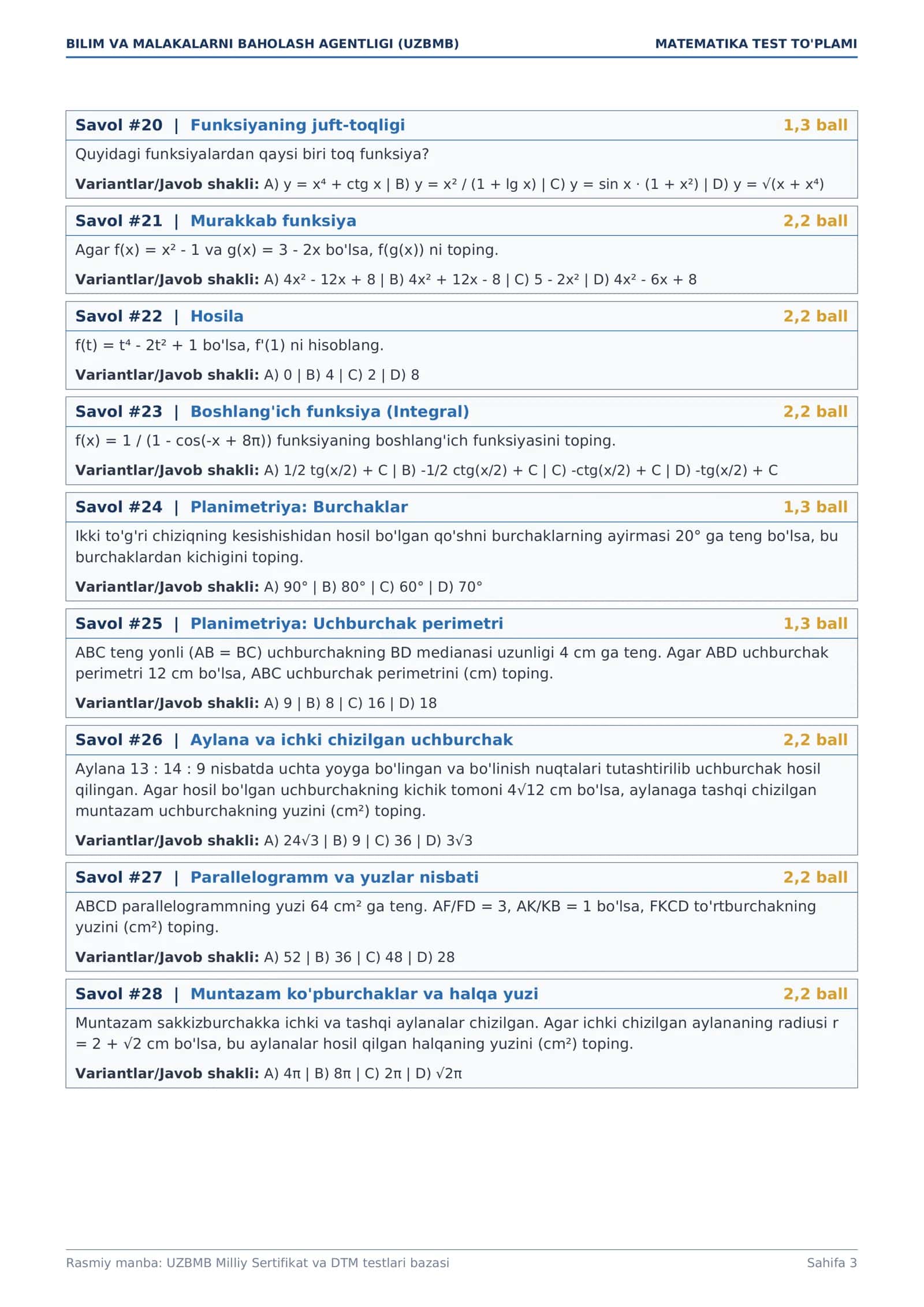 MATEMATIKA TEST TO'PLAMI 3