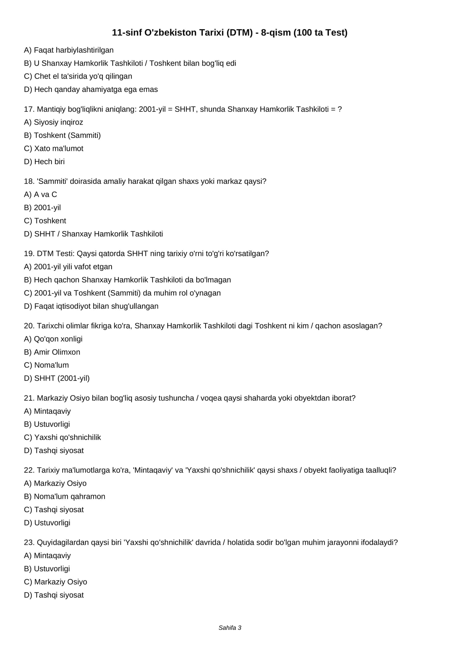 11-sinf O'zbekiston Tarixi (DTM) - 8-qism (100 ta Test) 3