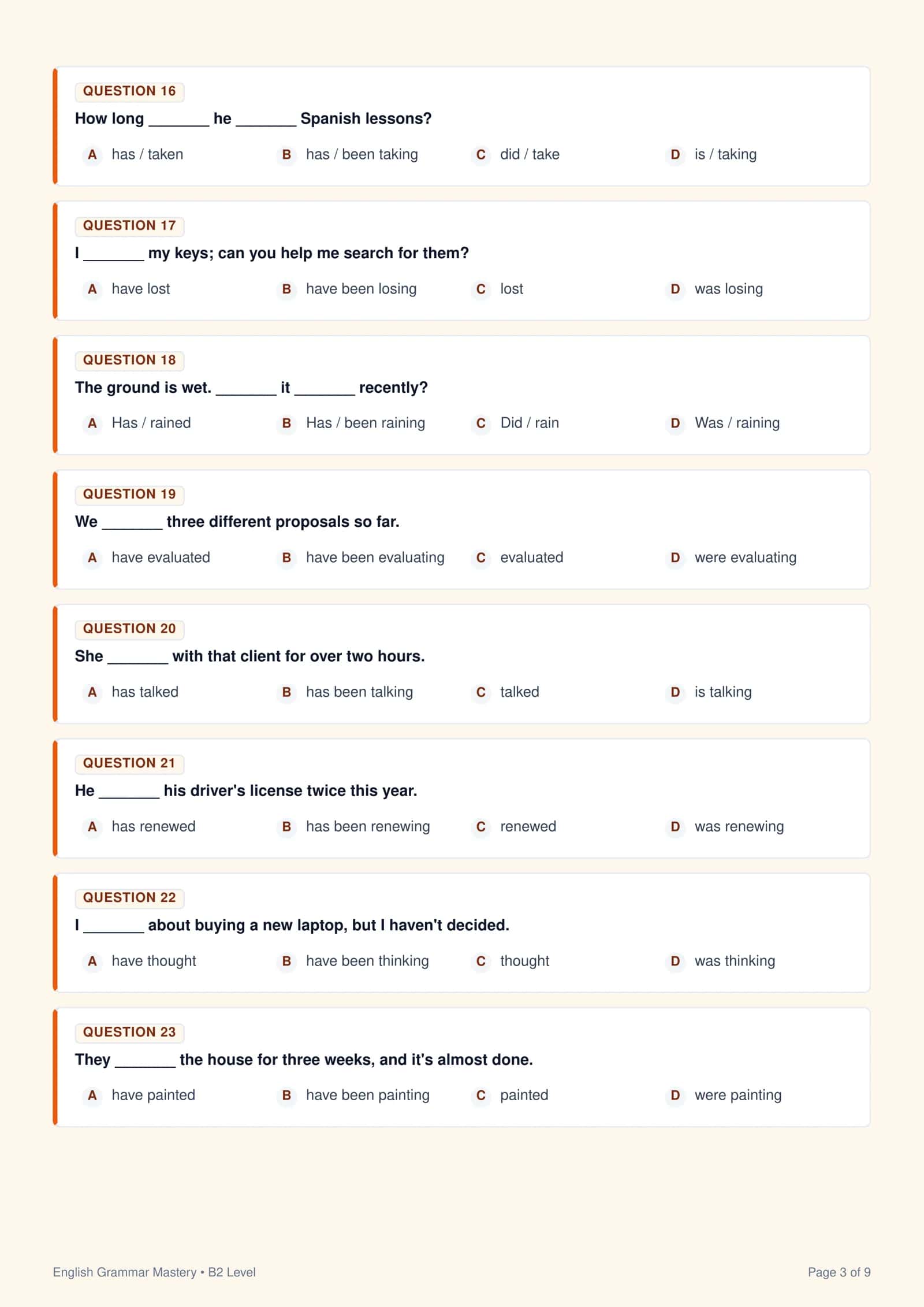Present Perfect Simple & Present Perfect Continuous (B2 Level) — 50 Ta Test 3
