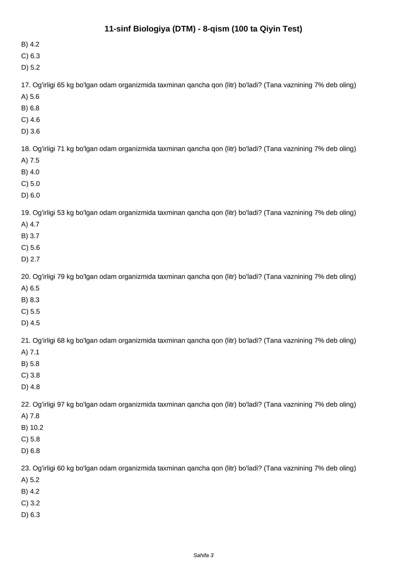 11-sinf Biologiya (DTM) - 8-qism (100 ta Qiyin Test) 3