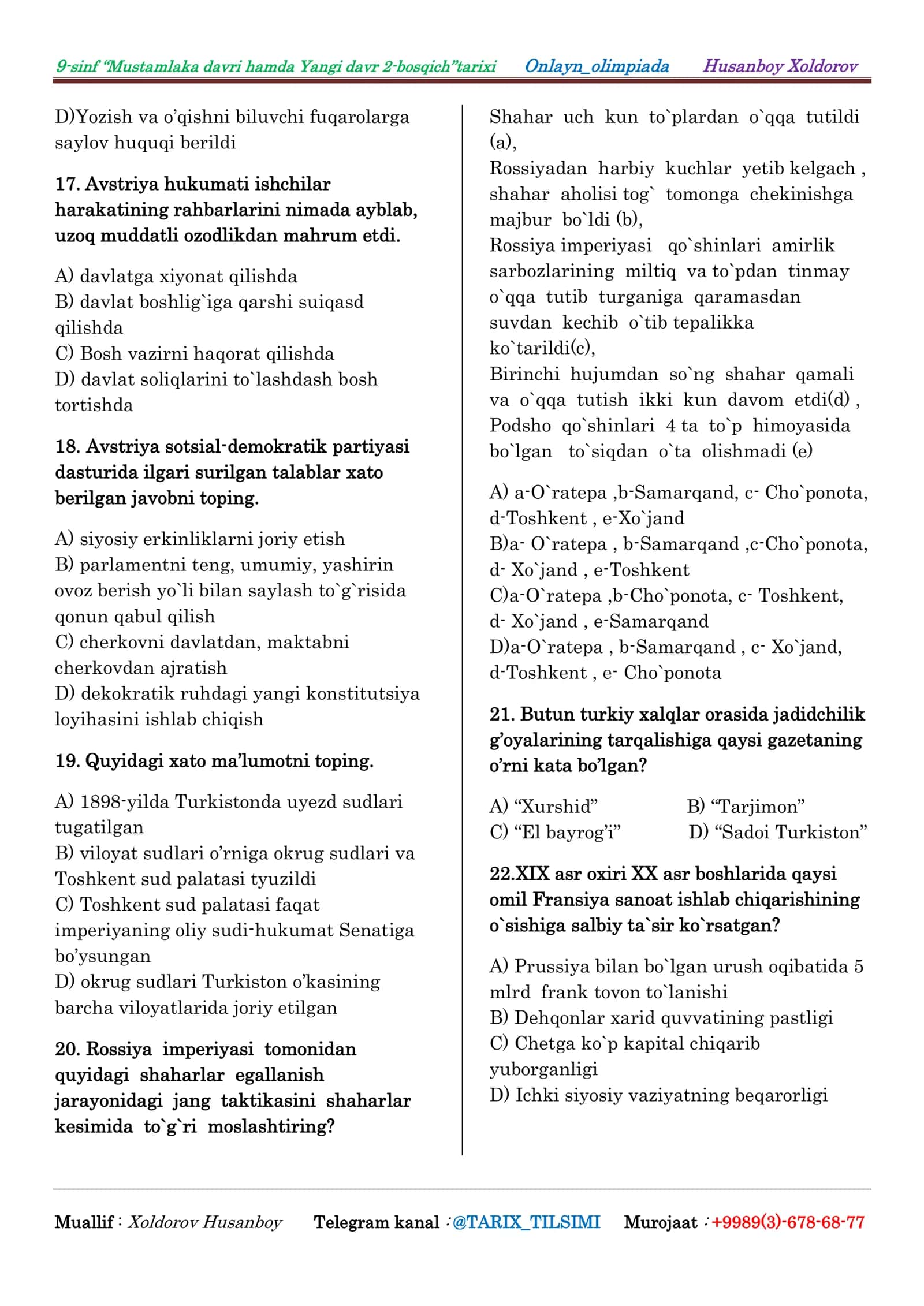 9-sinf “Mustamlaka davri hamda Yangi davr 2-bosqich”tarixi Onlayn_olimpiada Husanboy Xoldorov 3