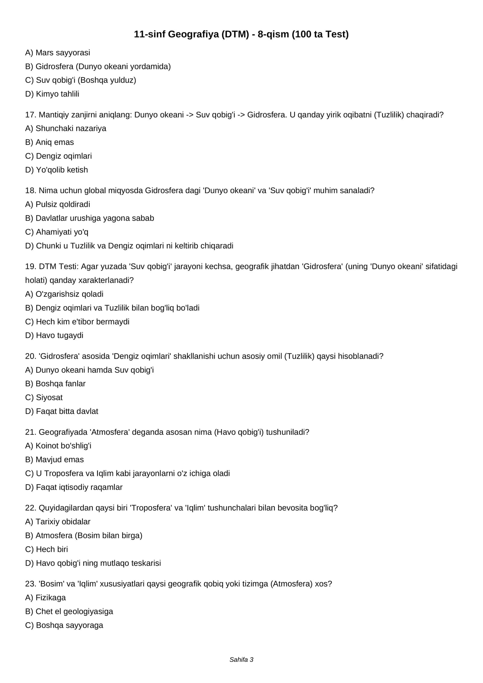 11-sinf Geografiya (DTM) - 8-qism (100 ta Test) 3