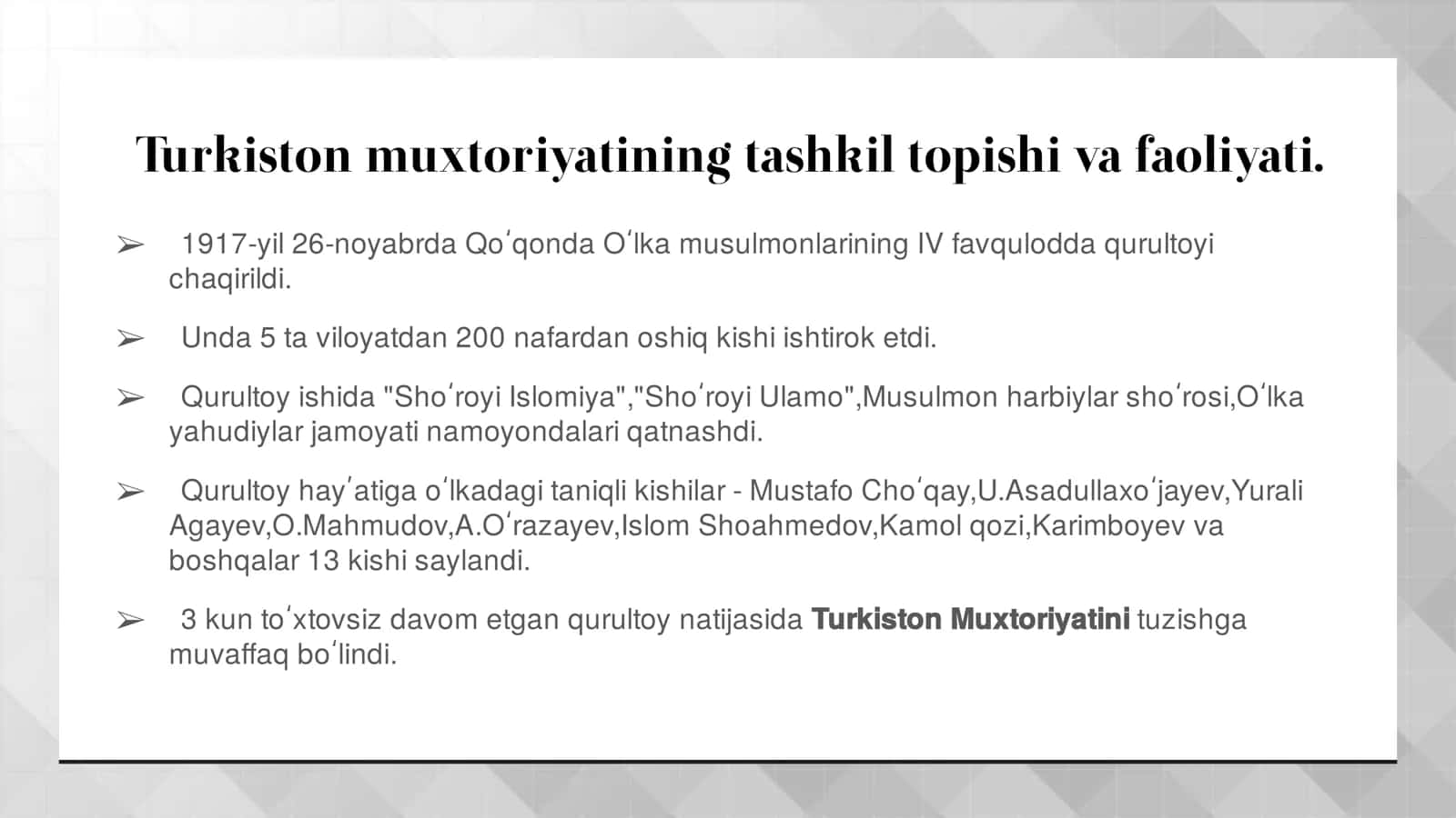 Turkiston Muxtoriyati– milliy demokratik davlatchilikning dastlabki tajribasi. 3