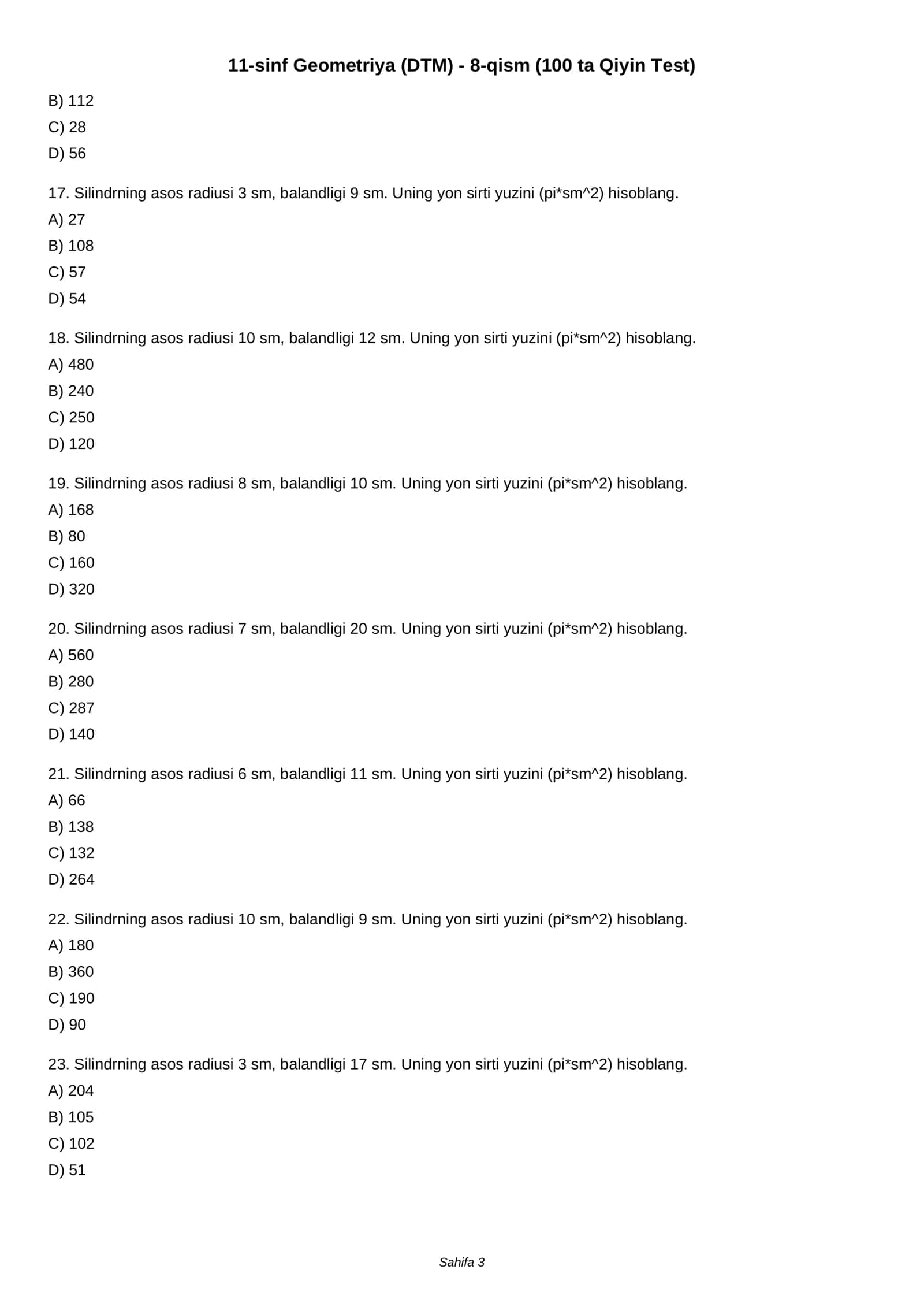 11-sinf Geometriya (DTM) - 8-qism (100 ta Qiyin Test) 3