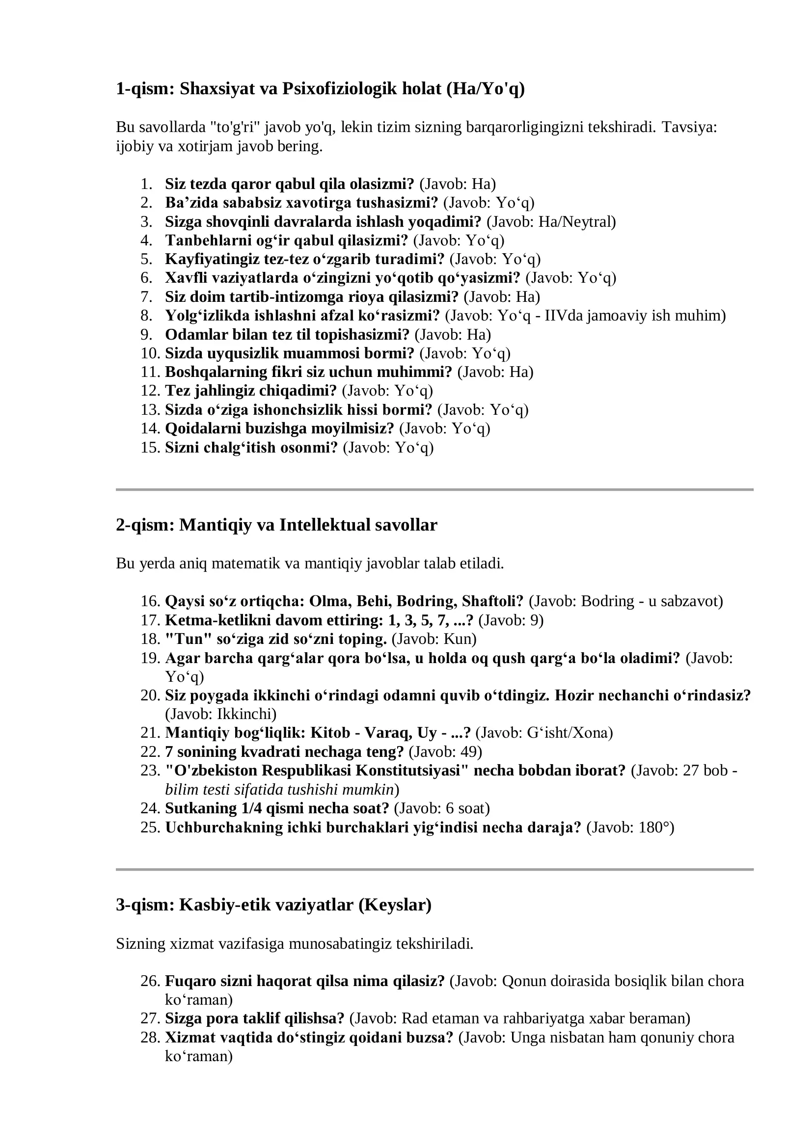 Safdorlik va ofitserlik uchun psixologik tayyorgarlik testi 3