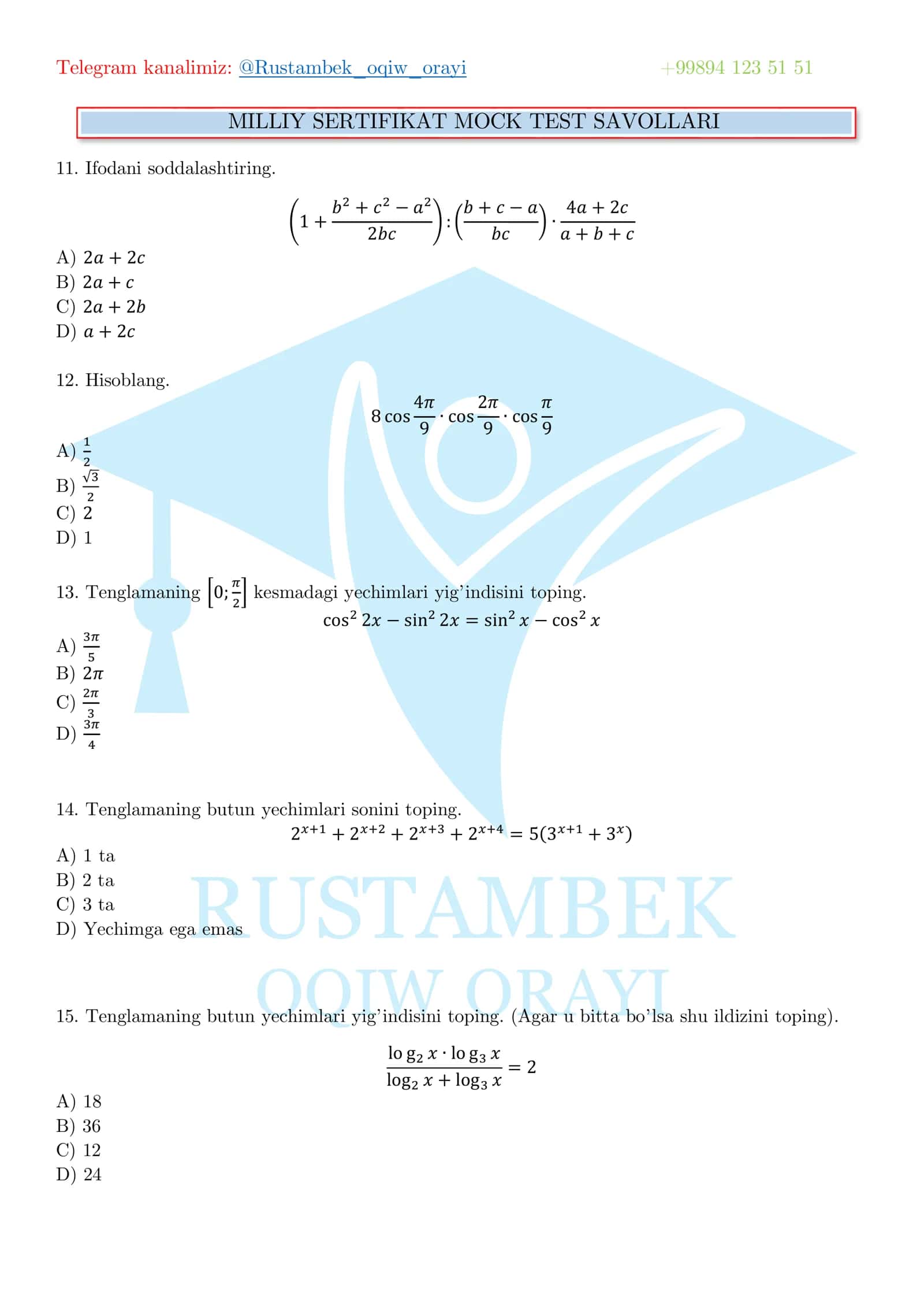 MILLIY SERTIFIKAT TESTI MATEMATIKA 3