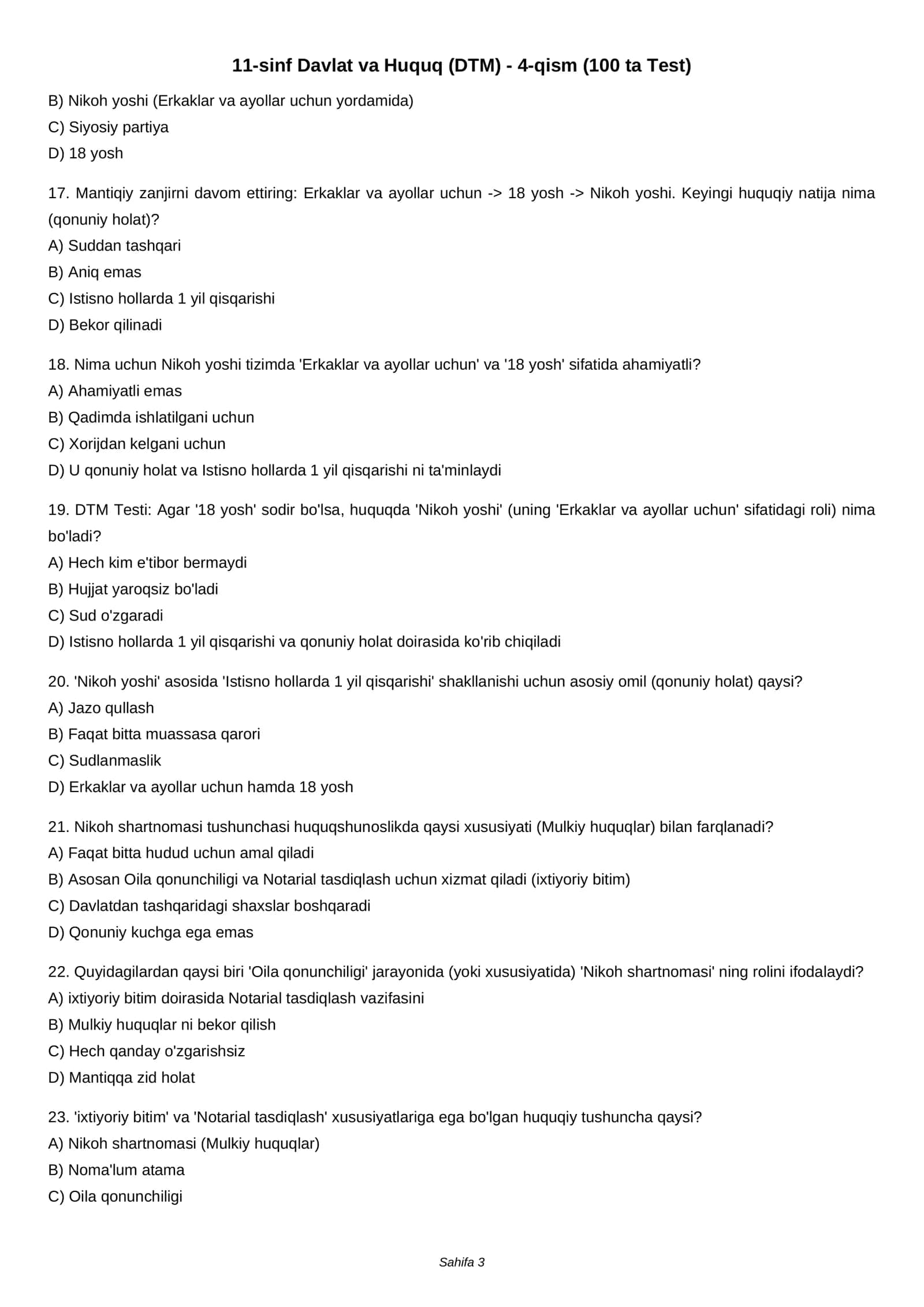 11-sinf Davlat va Huquq (DTM) - 4-qism (100 ta Test) 3