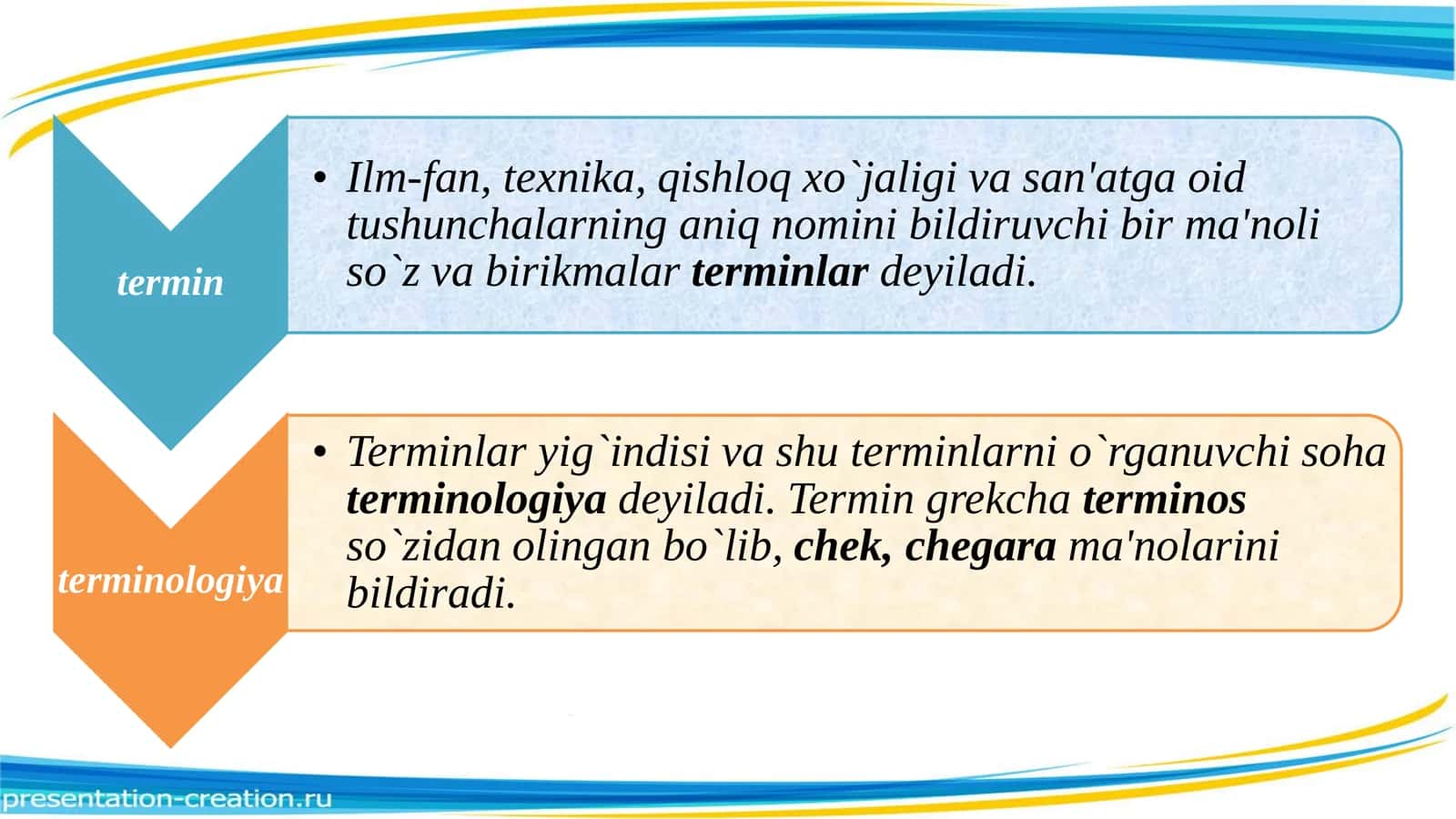 Til va terminologiya . O‘zbek terminologiyasining taraqqiyot bosqichlari . Tilning lug‘at tarkibi . O‘zbek leksikografiyasi . Umumiy va maxsus lug‘atlar . Sohaviy lug‘atlarda terminlar . Tezaurus haqida ma’lumot 3