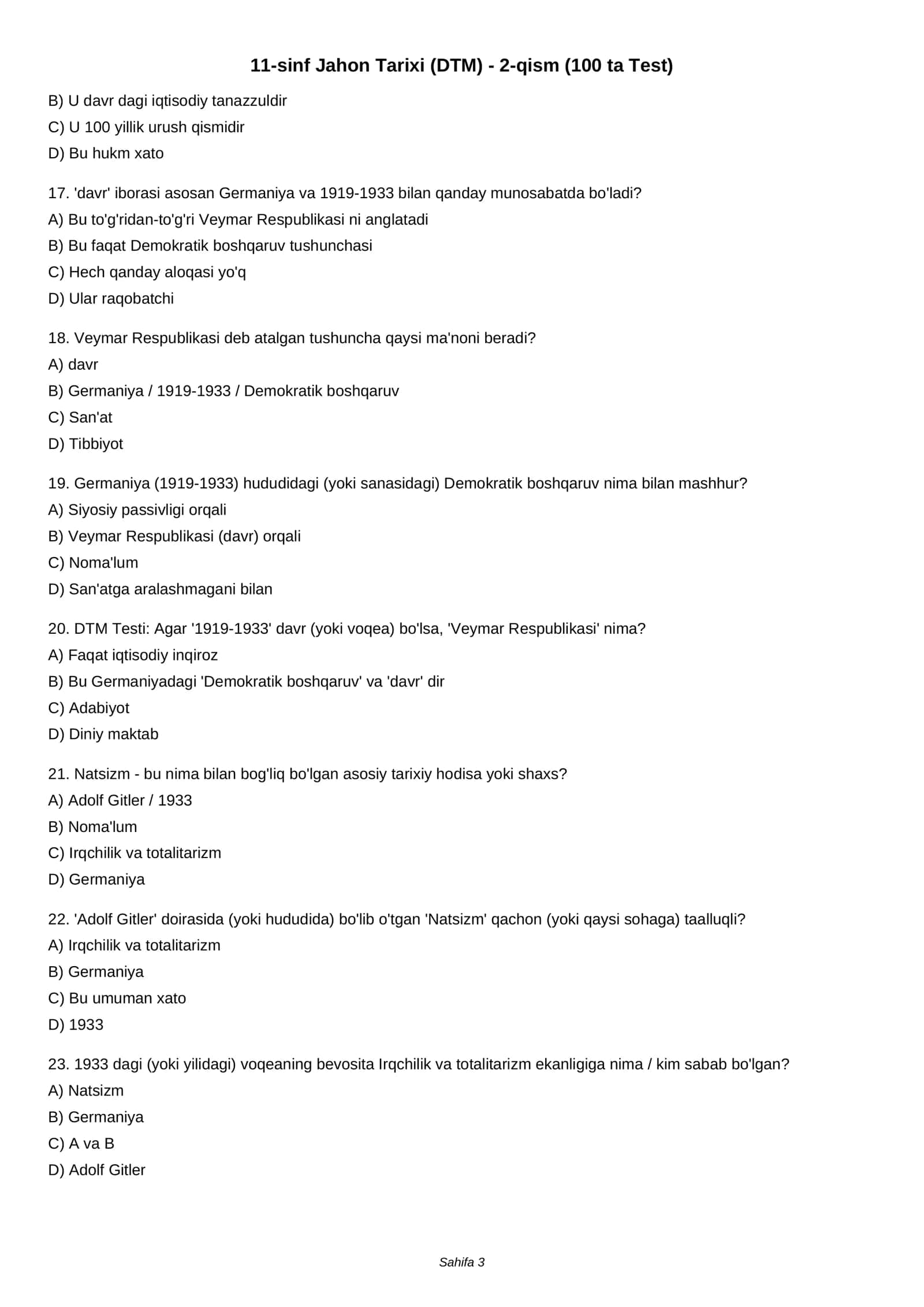 11-sinf Jahon Tarixi (DTM) - 2-qism (100 ta Test) 3