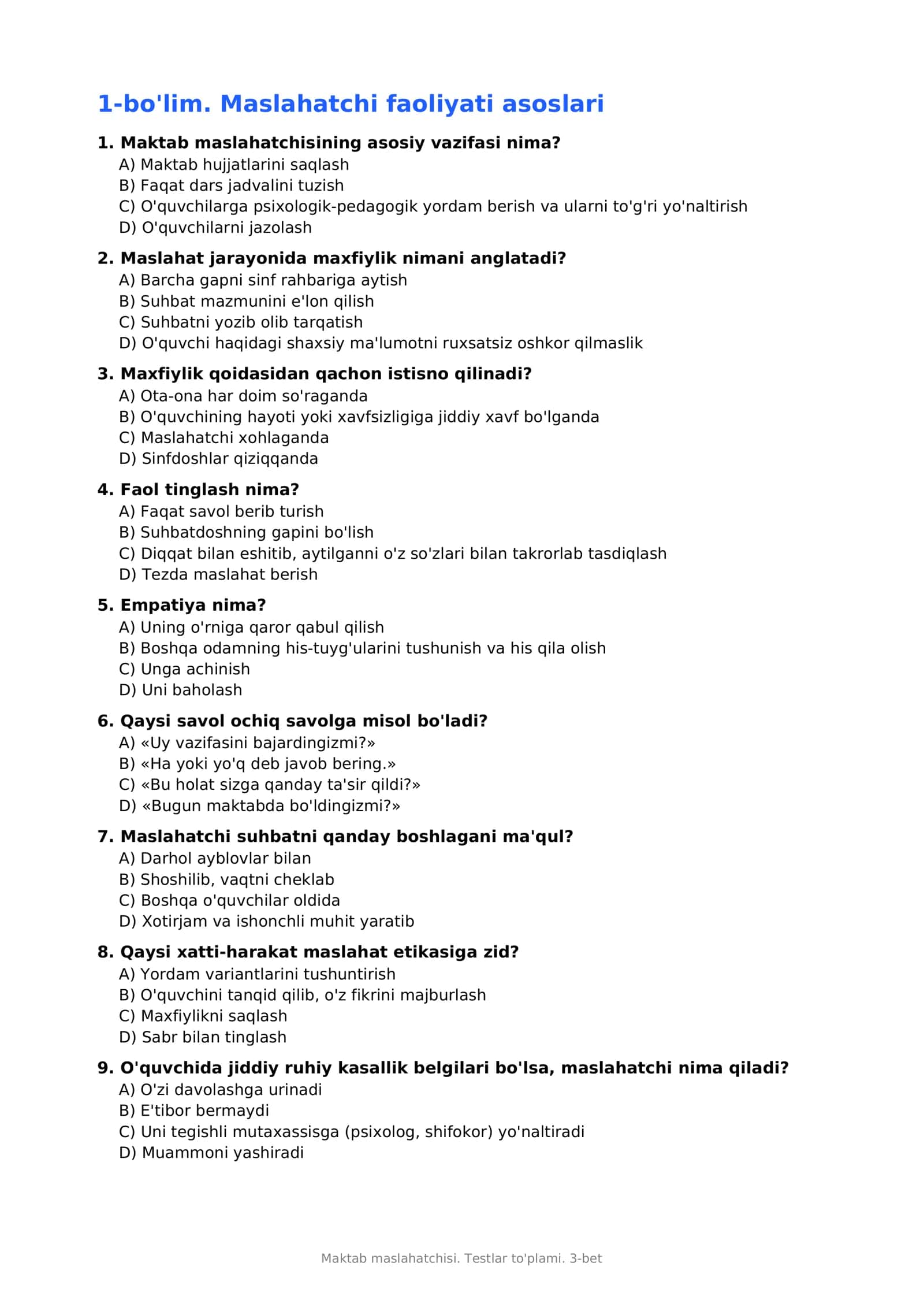 Sarlavha: Maktab maslahatchisi uchun 100 ta test (javoblar kaliti bilan) 3