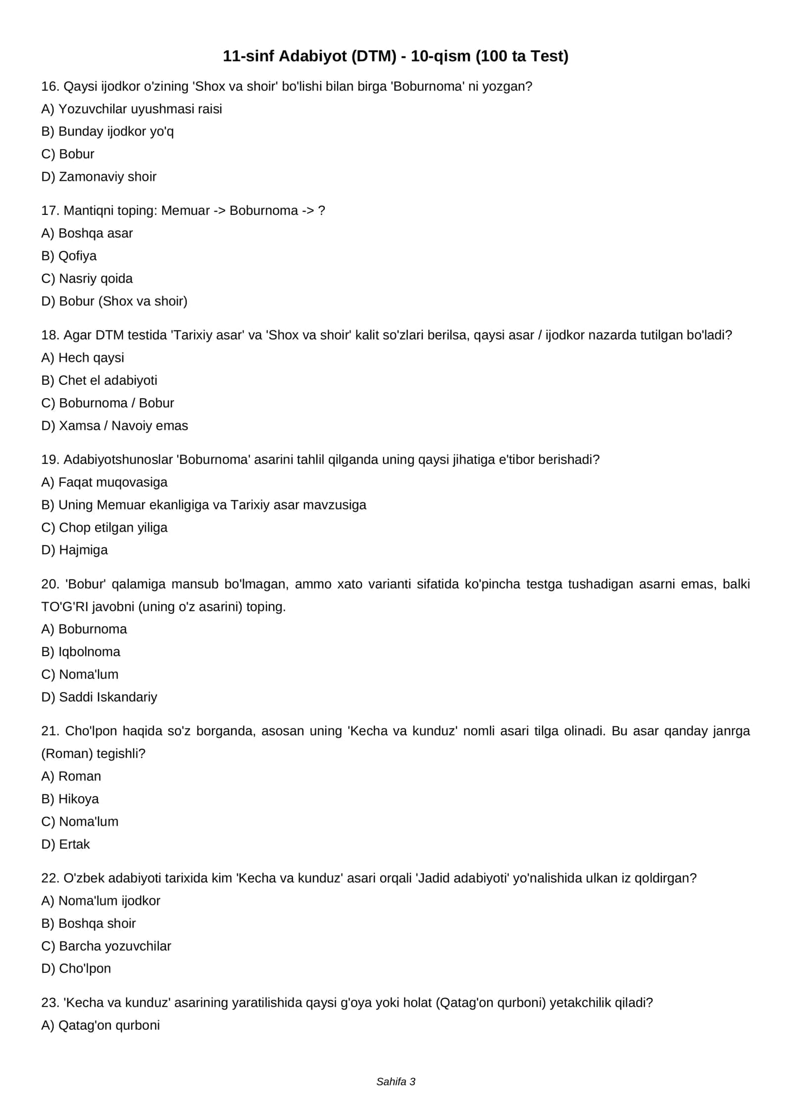 11-sinf Adabiyot (DTM) - 10-qism (100 ta Test) 3