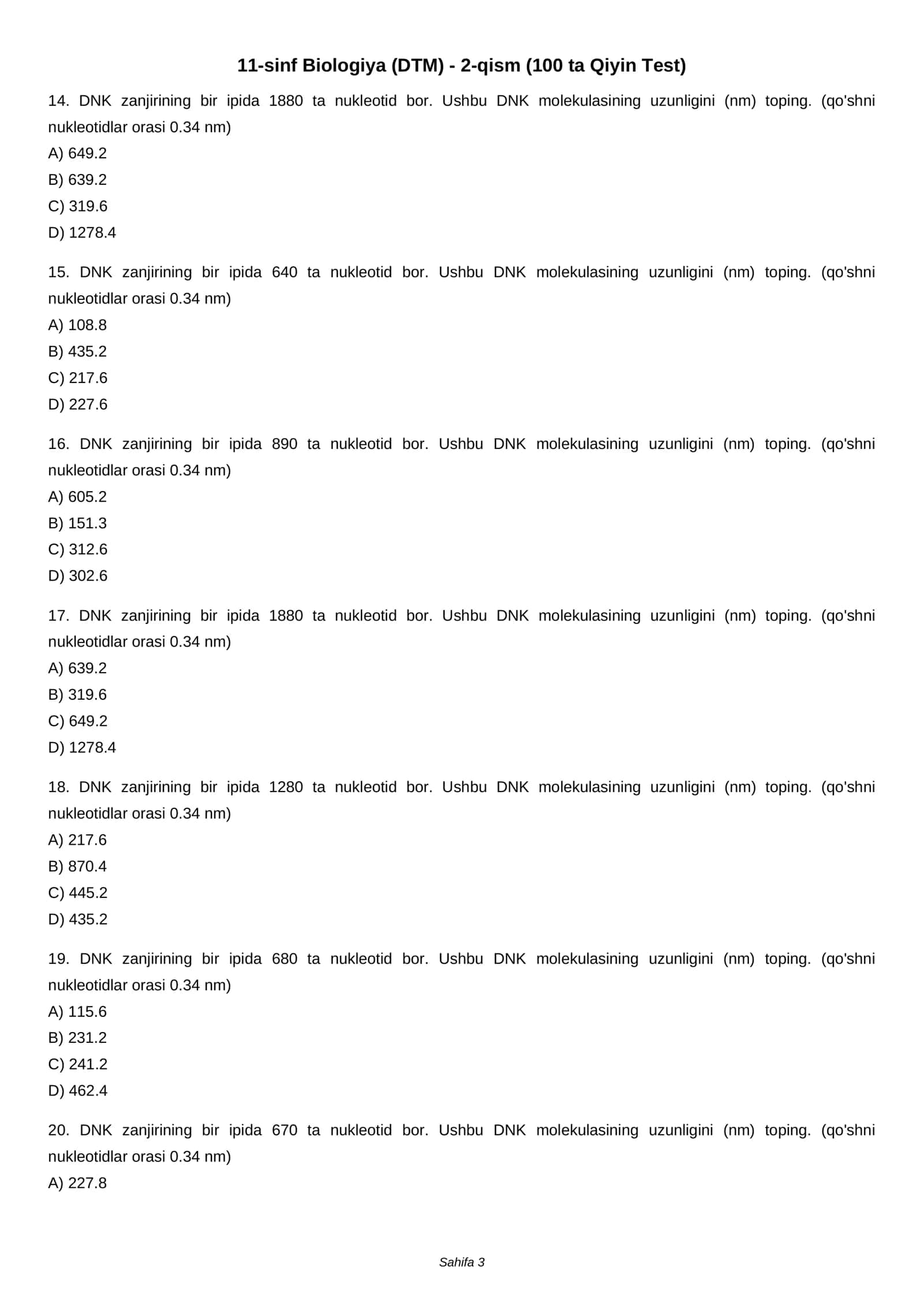 11-sinf Biologiya (DTM) - 2-qism (100 ta Qiyin Test) 3