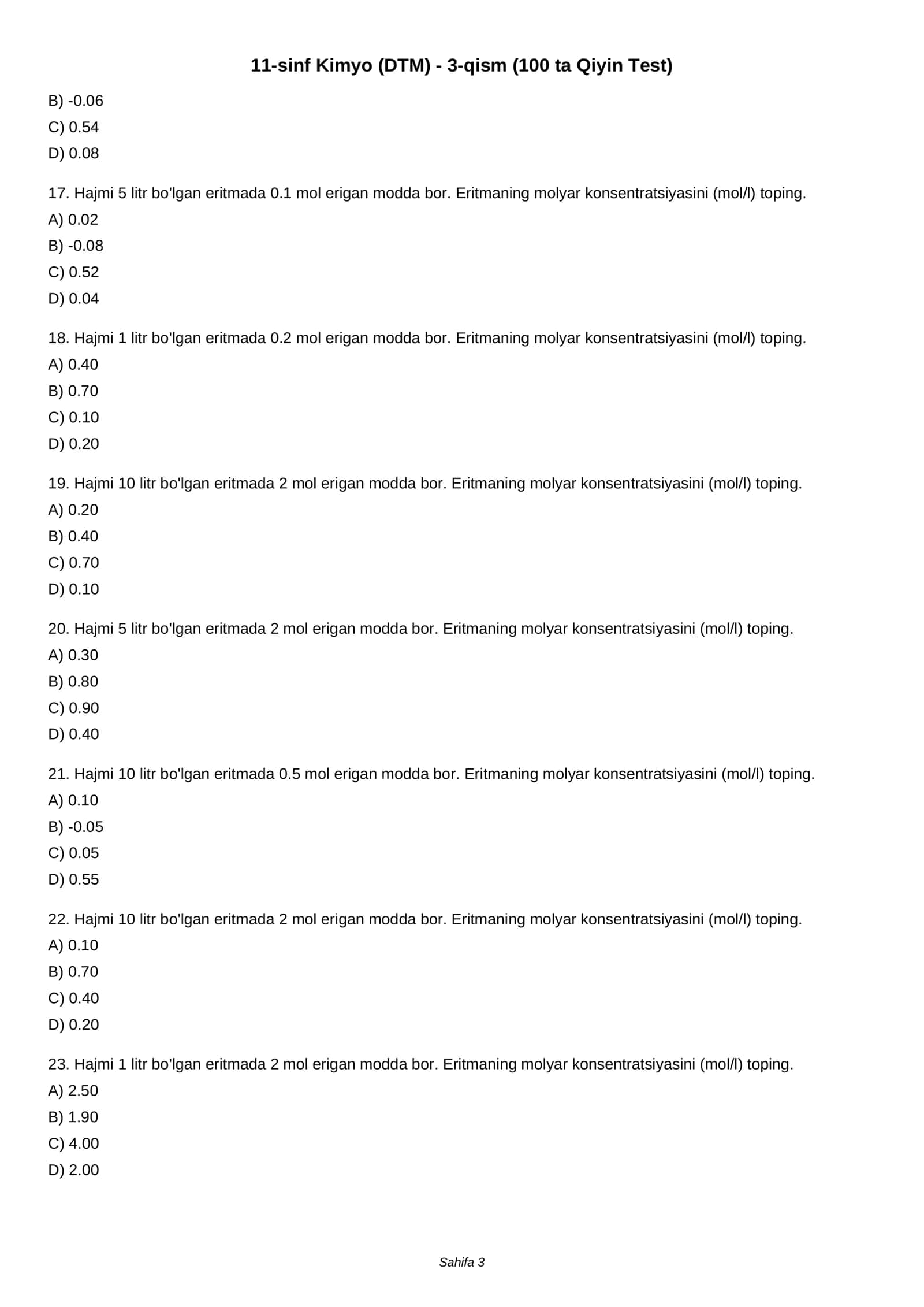 11-sinf Kimyo (DTM) - 3-qism (100 ta Qiyin Test) 3