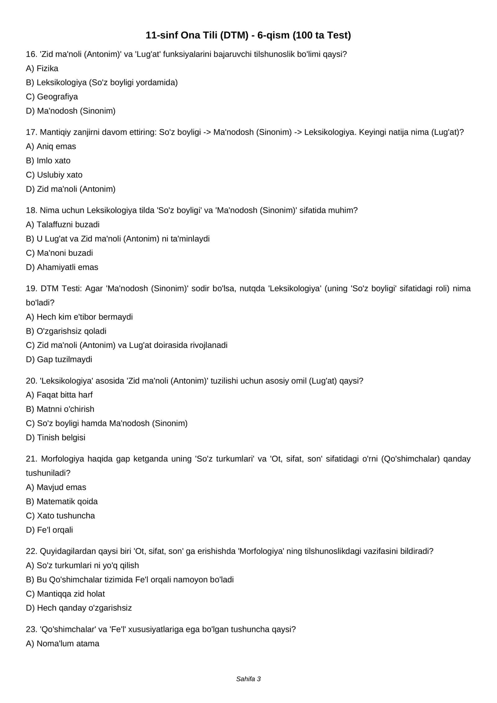 11-sinf Ona Tili (DTM) - 6-qism (100 ta Test) 3