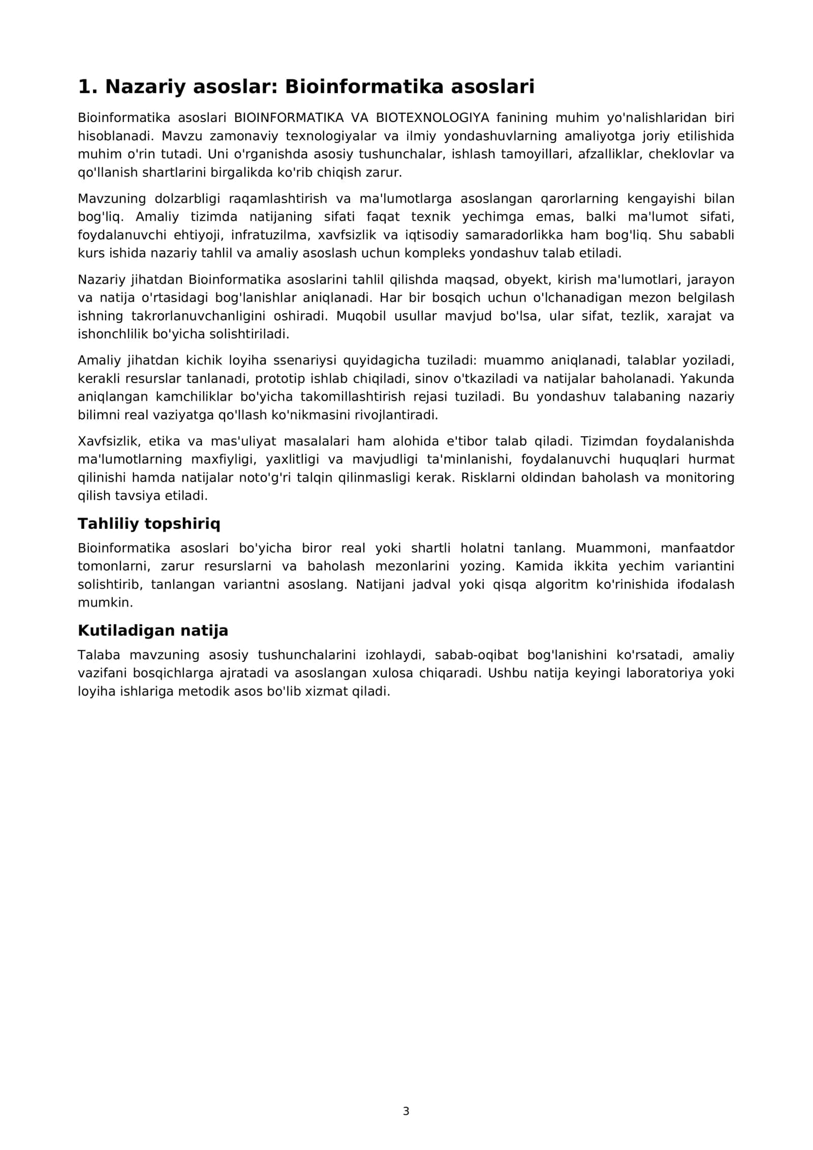OLIY TA'LIM FANLARI BIOINFORMATIKA VA BIOTEXNOLOGIYA KURS ISHI 3