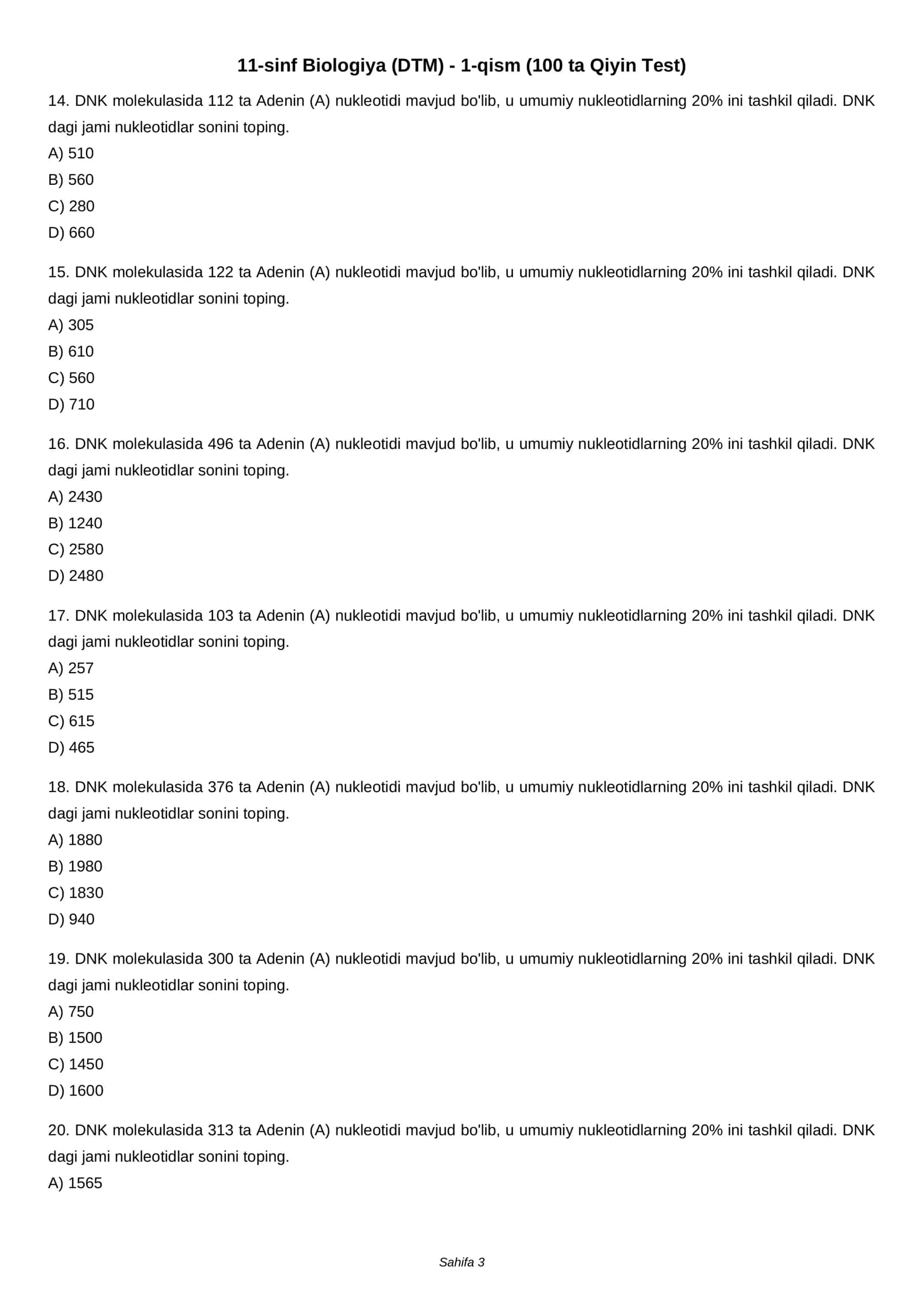 11-sinf Biologiya (DTM) - 1-qism (100 ta Qiyin Test) 3
