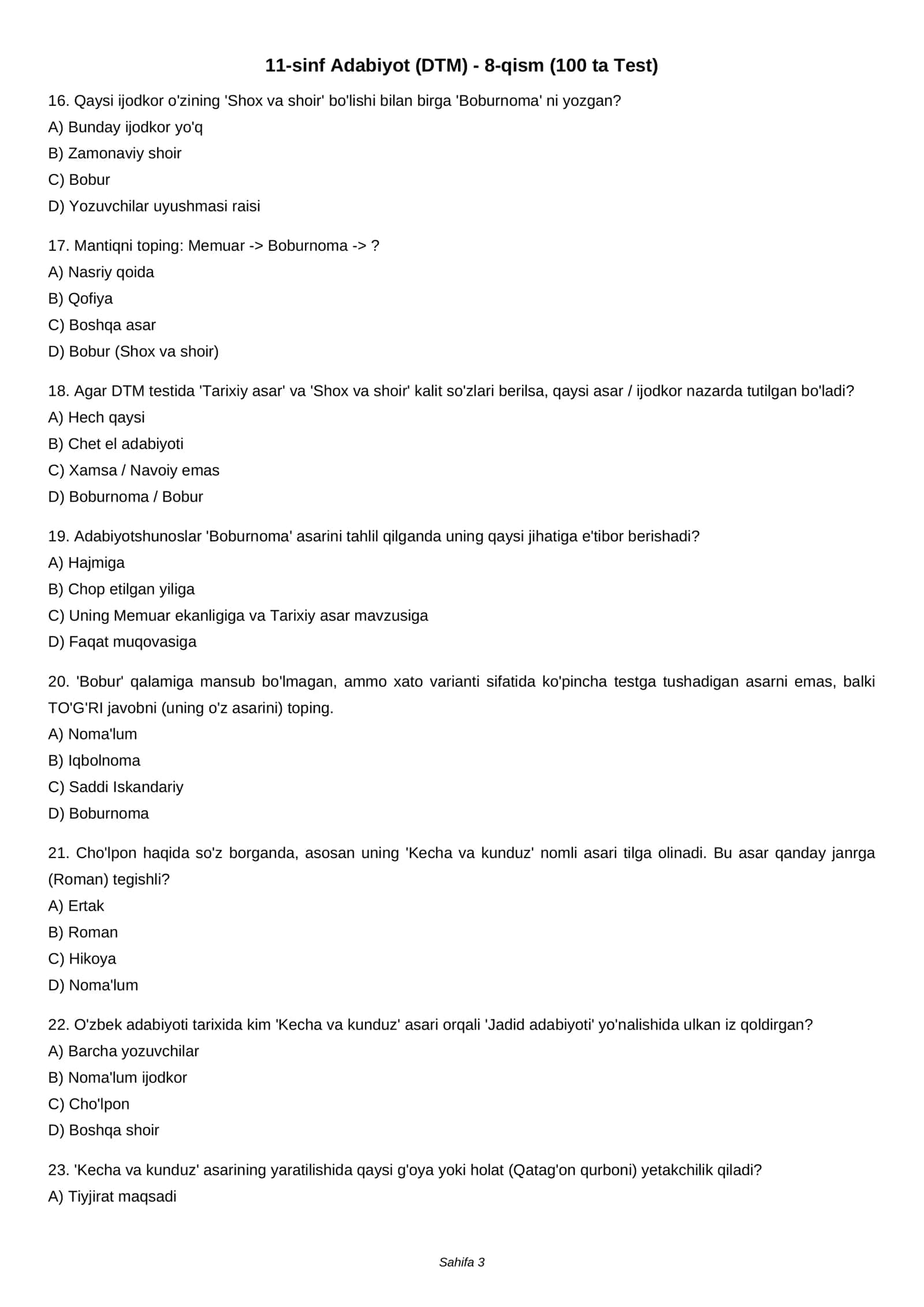 11-sinf Adabiyot (DTM) - 8-qism (100 ta Test) 3