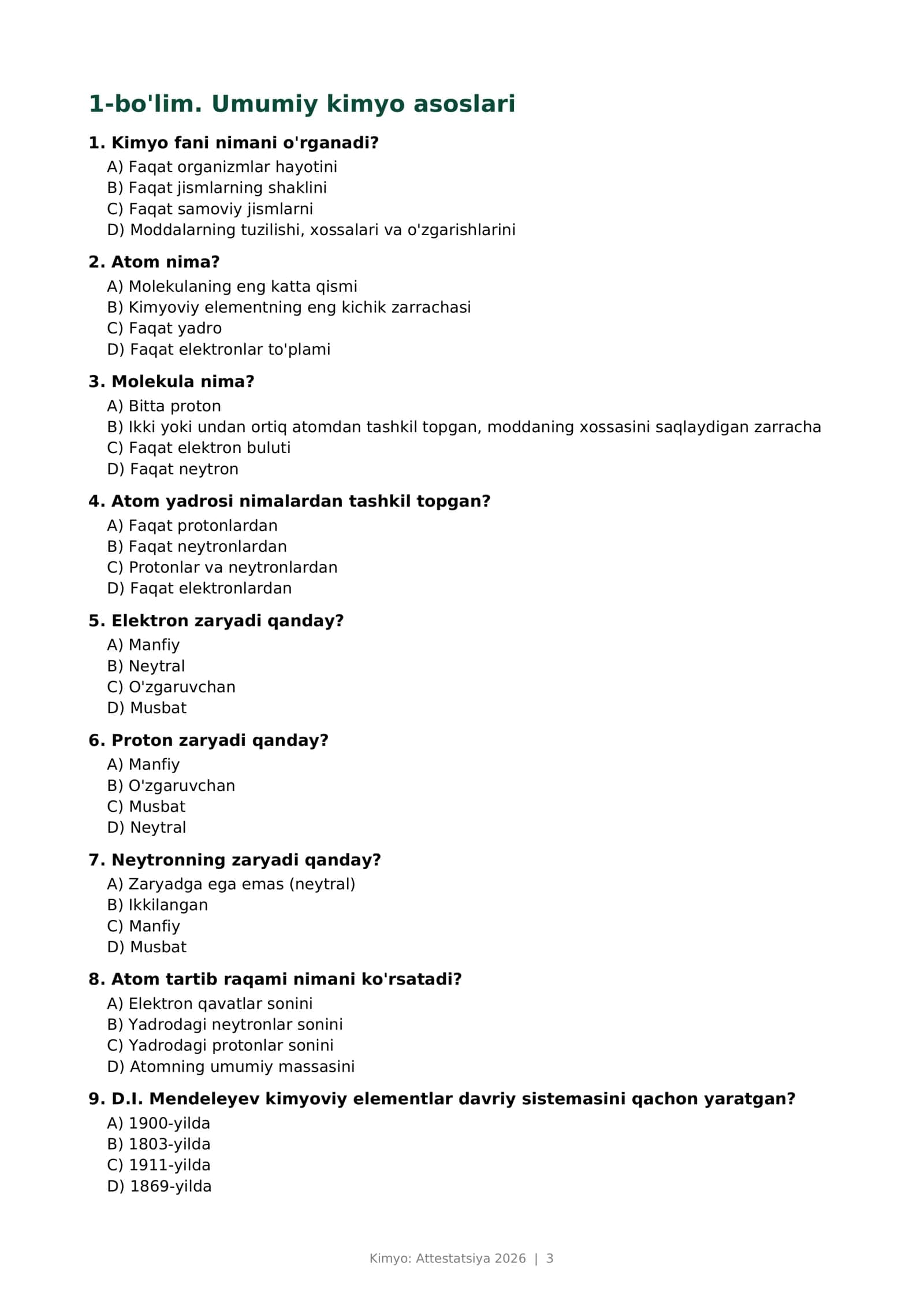 Kimyo: Attestatsiya 2026 — 400 ta test tayyor, 53 bet. 3