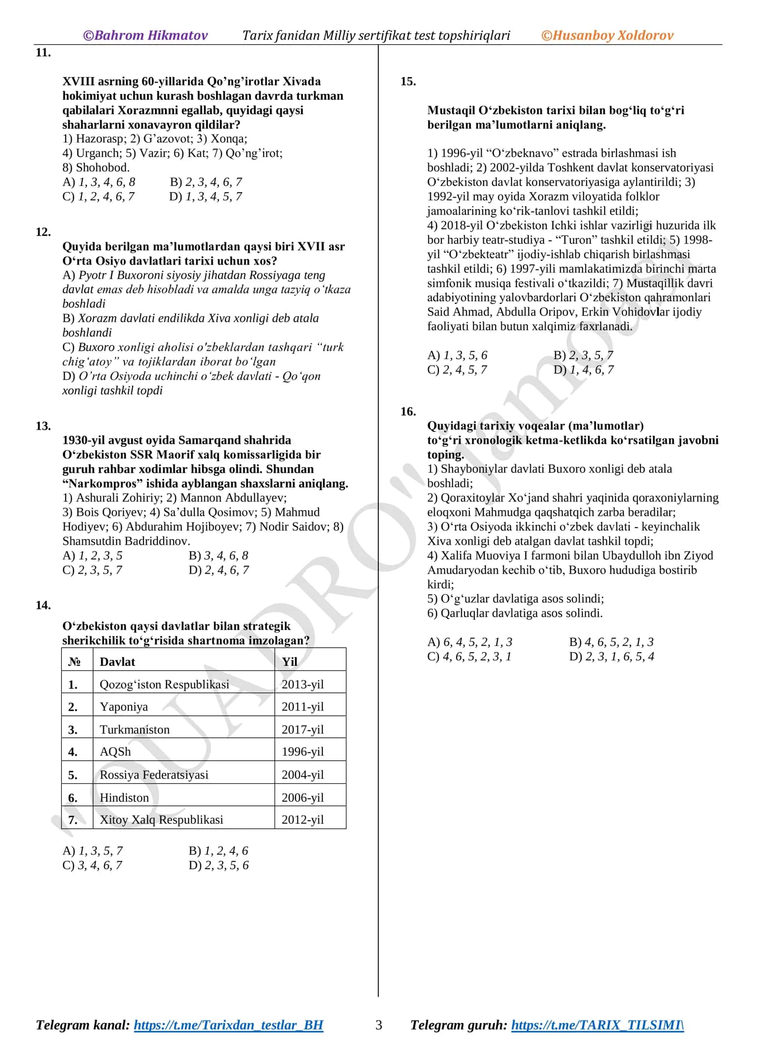 Tarix fanidan Milliy sertifikat test topshiriqlari 3
